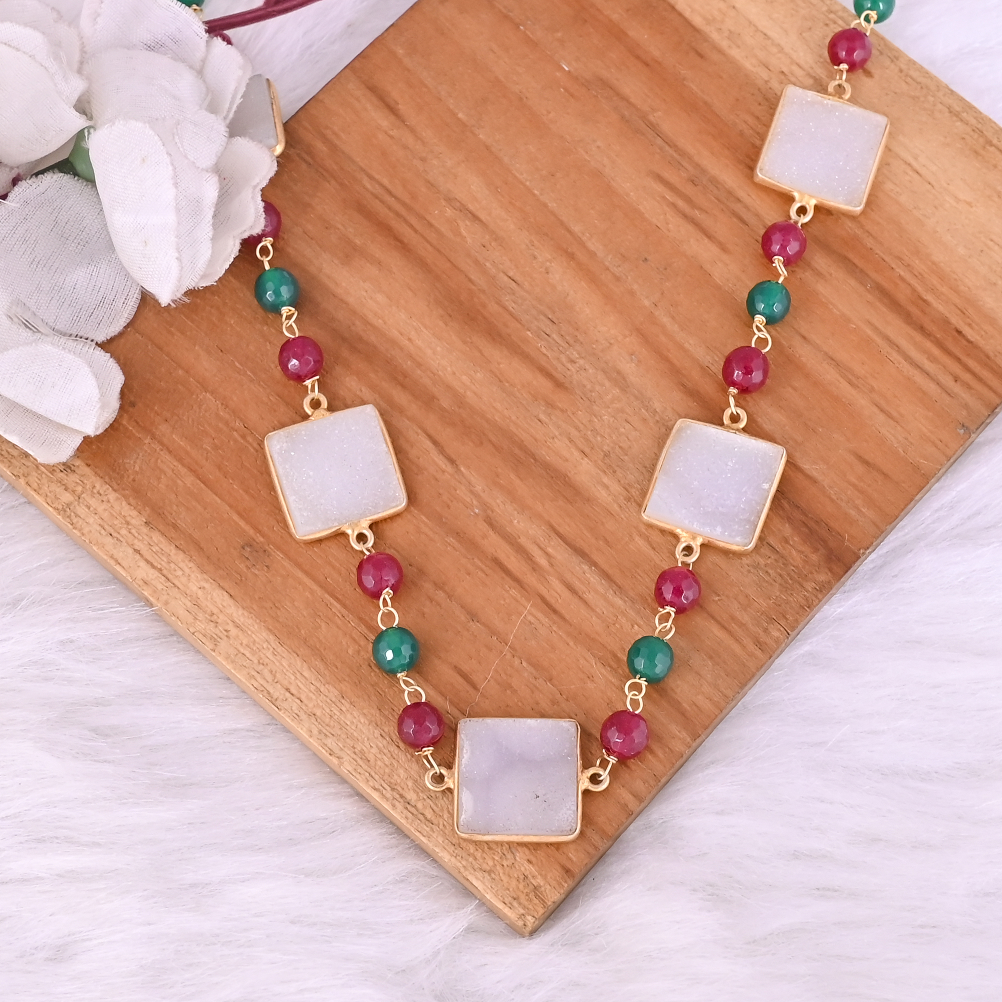 White Druzy Green Onyx Fuchsia Chalcedony Beaded Chain Necklace