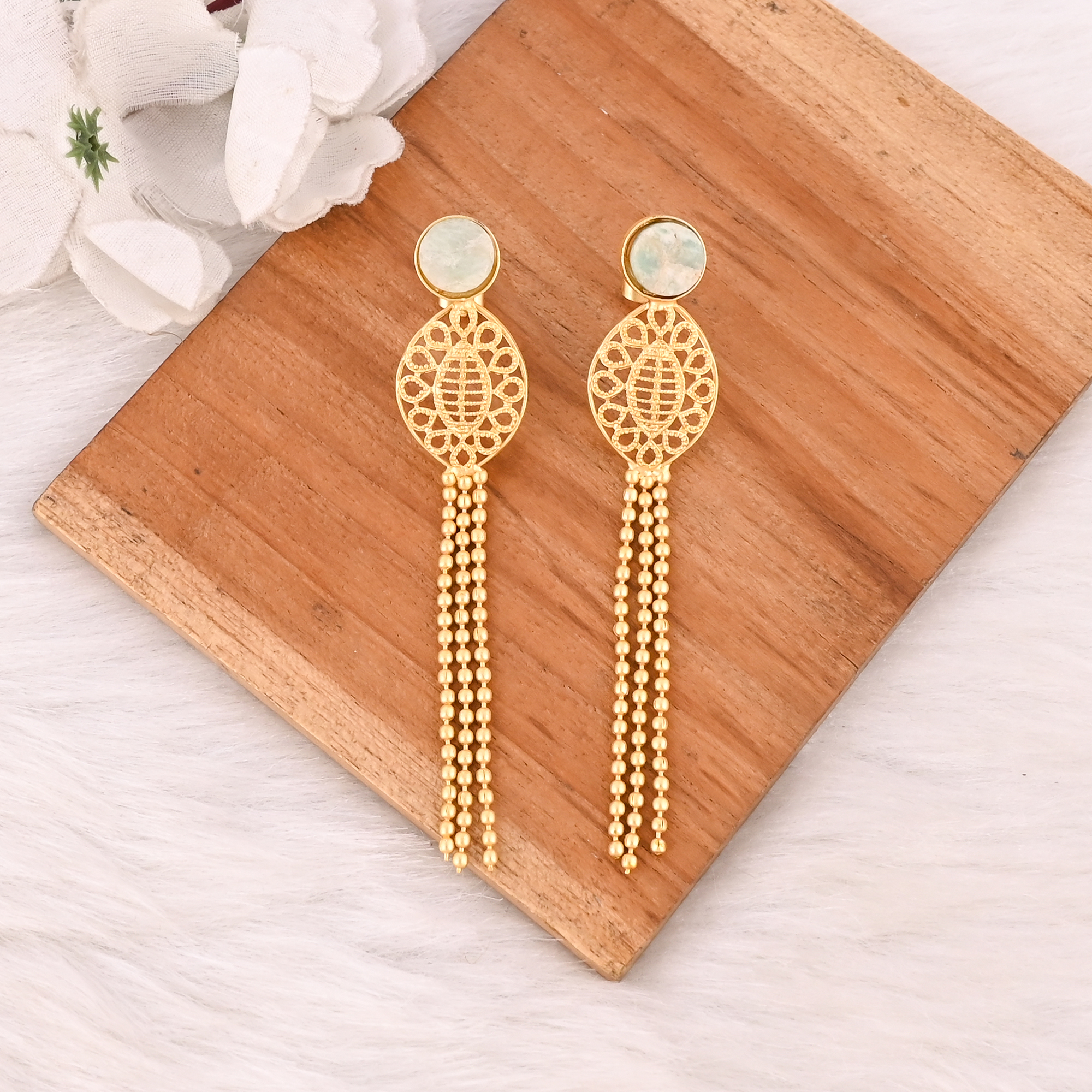 Stylish Natural Amazonite Rough Earrings Gold Plated Handmade Brass Jewelry for Women
