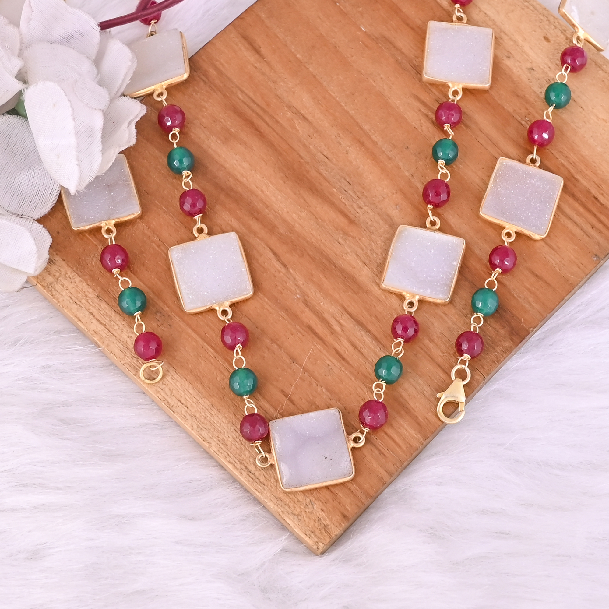 White Druzy Green Onyx Fuchsia Chalcedony Beaded Chain Necklace
