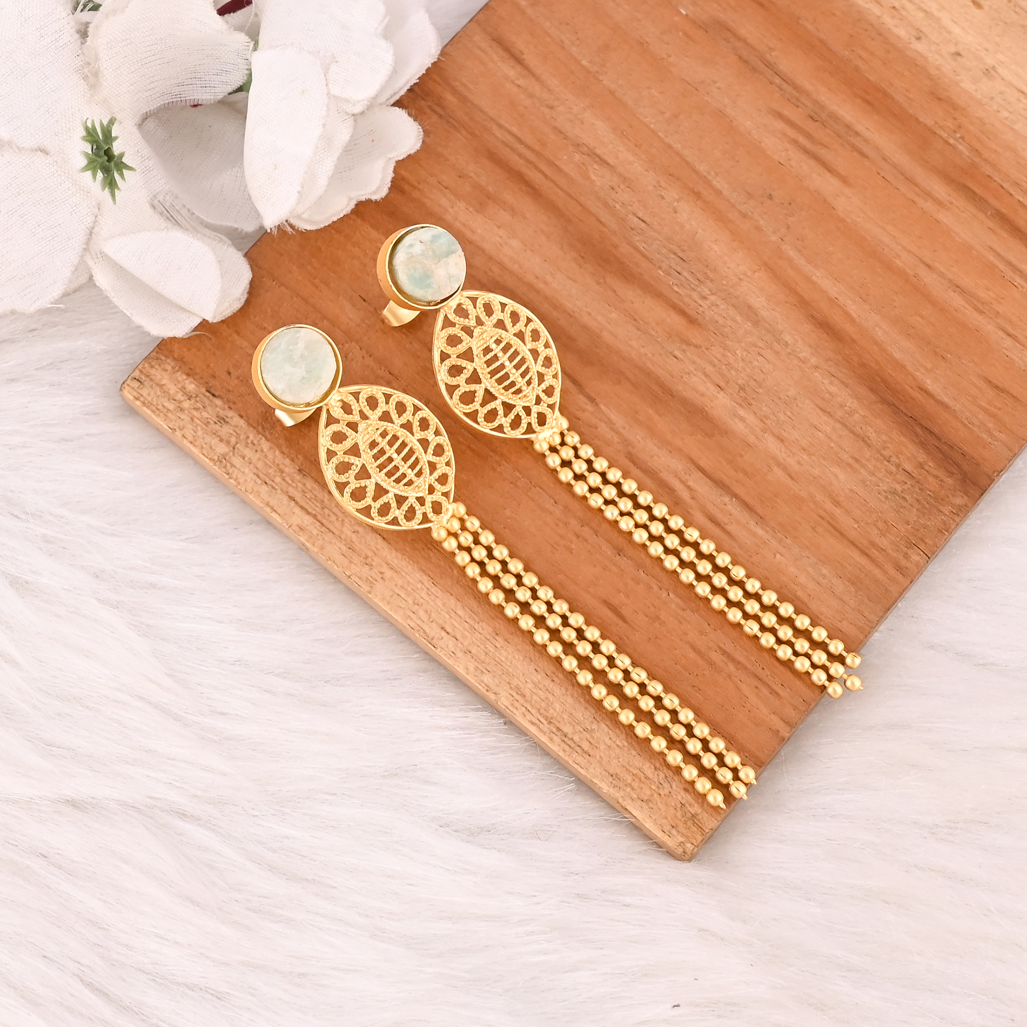 Stylish Natural Amazonite Rough Earrings Gold Plated Handmade Brass Jewelry for Women