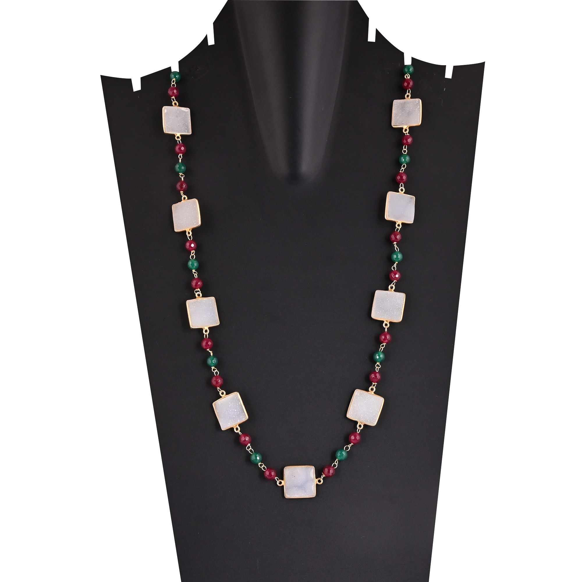White Druzy Green Onyx Fuchsia Chalcedony Beaded Chain Necklace
