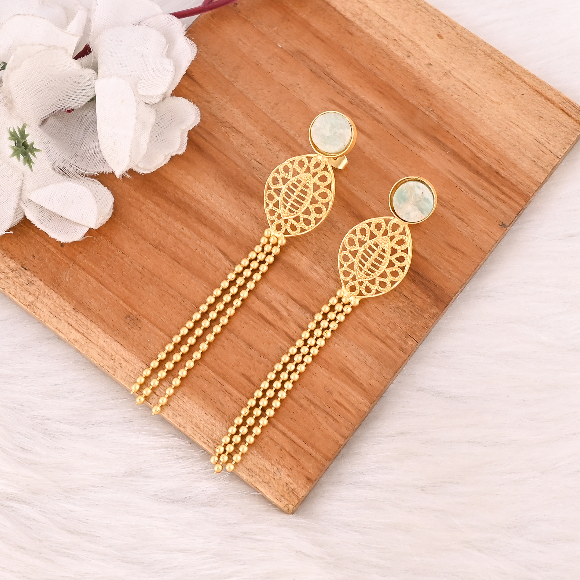 Stylish Natural Amazonite Rough Earrings Gold Plated Handmade Brass Jewelry for Women