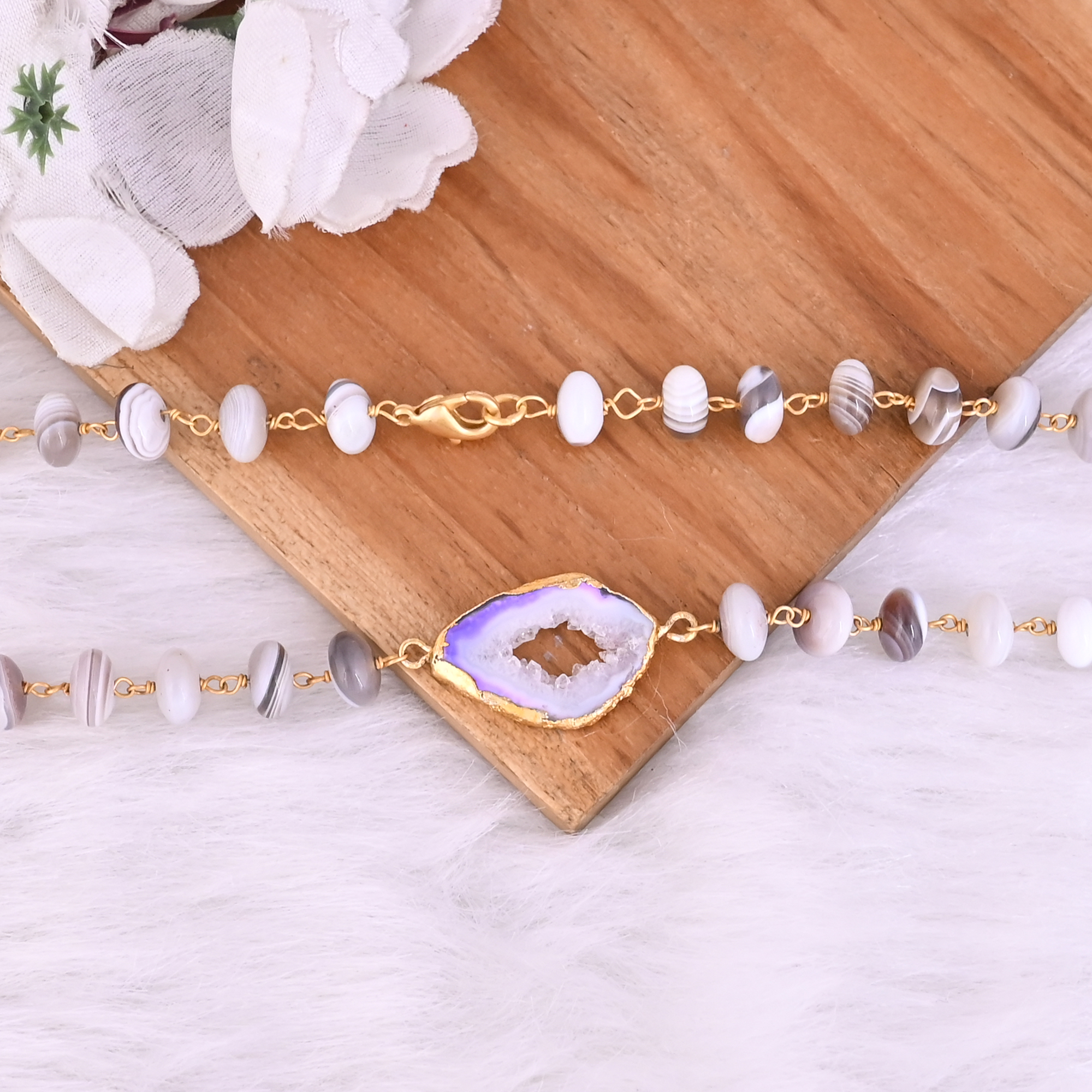 Botswana Agate Multi Window Druzy Beaded Chain Lariat Necklace