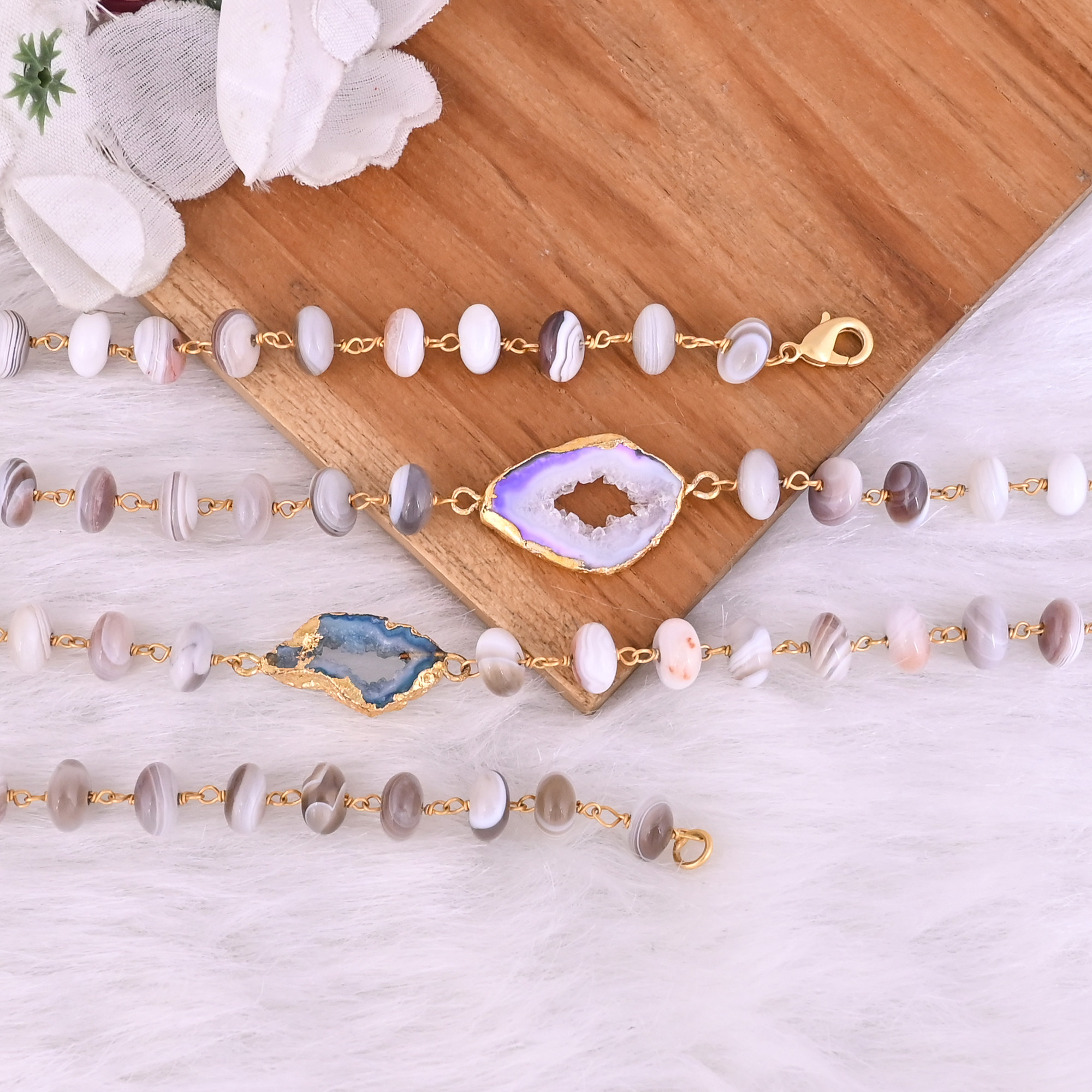 Botswana Agate Multi Window Druzy Beaded Chain Lariat Necklace