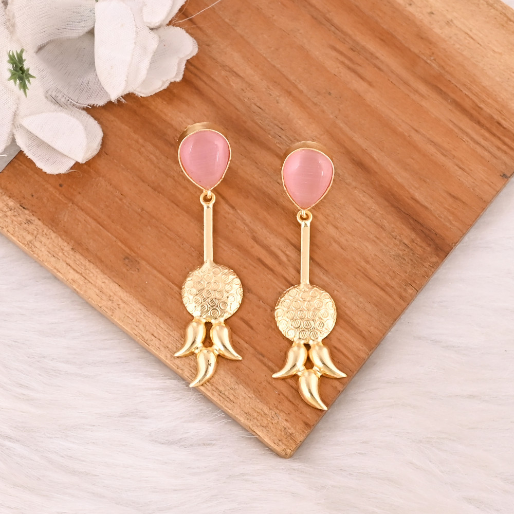 Image of Elegant Pink Cat's Eye Gemstone Earrings Gold Plated Brass Fashion Jewelry for Women