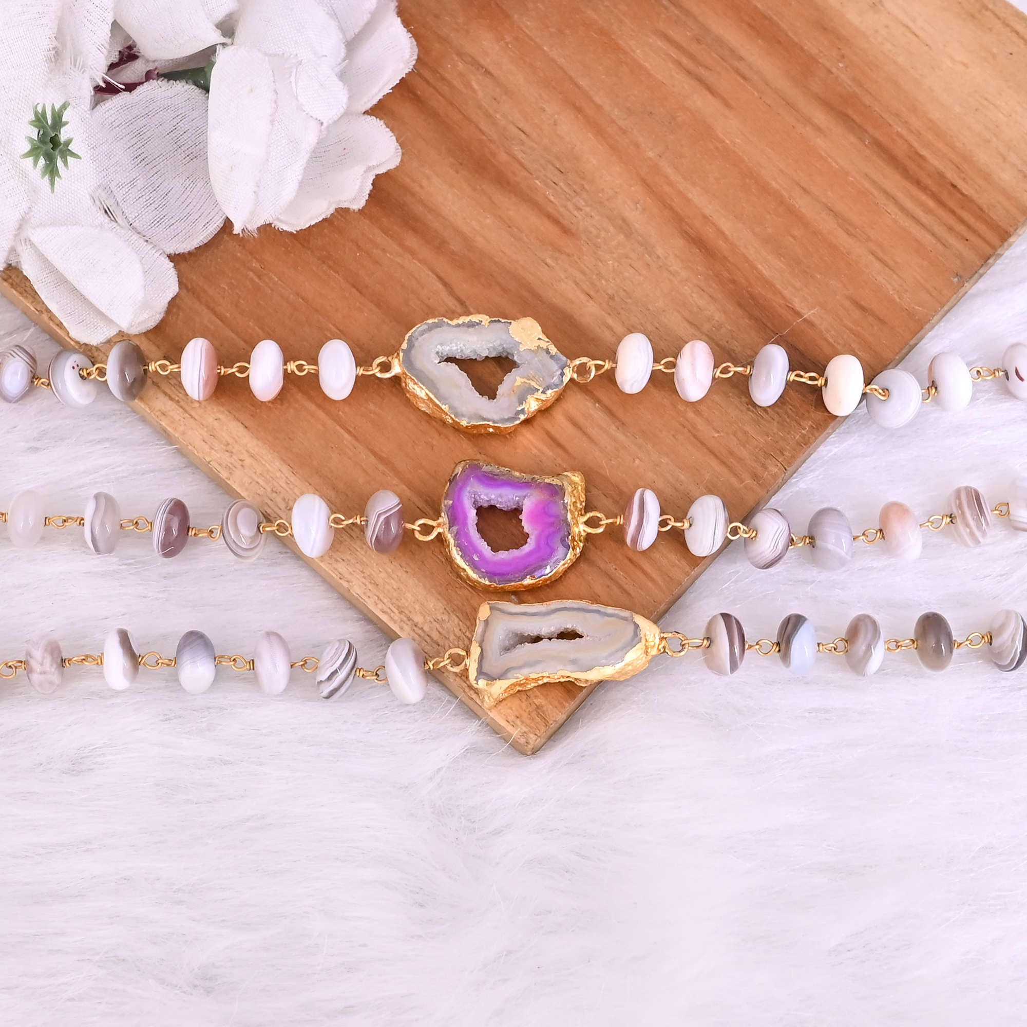 Botswana Agate Multi Window Druzy Beaded Chain Lariat Necklace