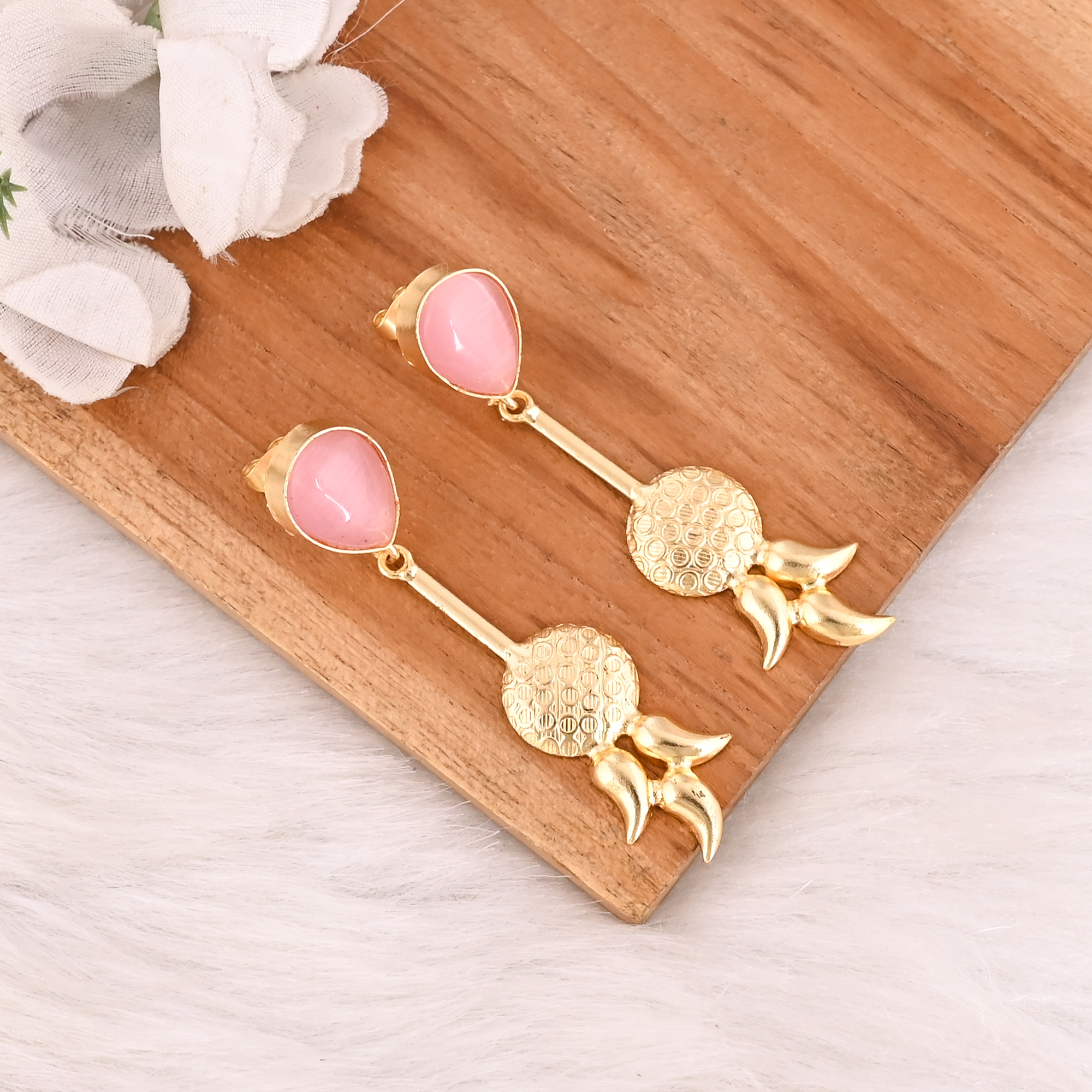 Elegant Pink Cats Eye Gemstone Earrings Gold Plated Brass Fashion Jewelry for Women