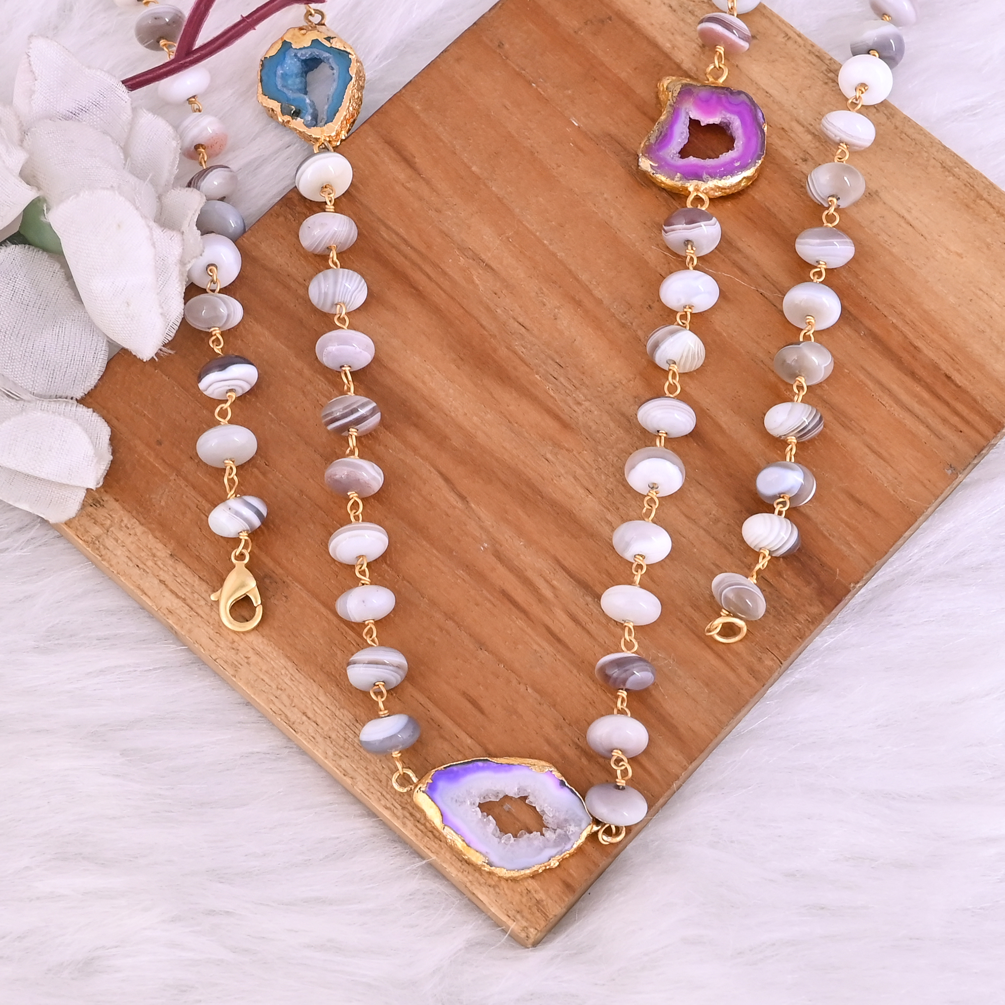 Botswana Agate Multi Window Druzy Beaded Chain Lariat Necklace