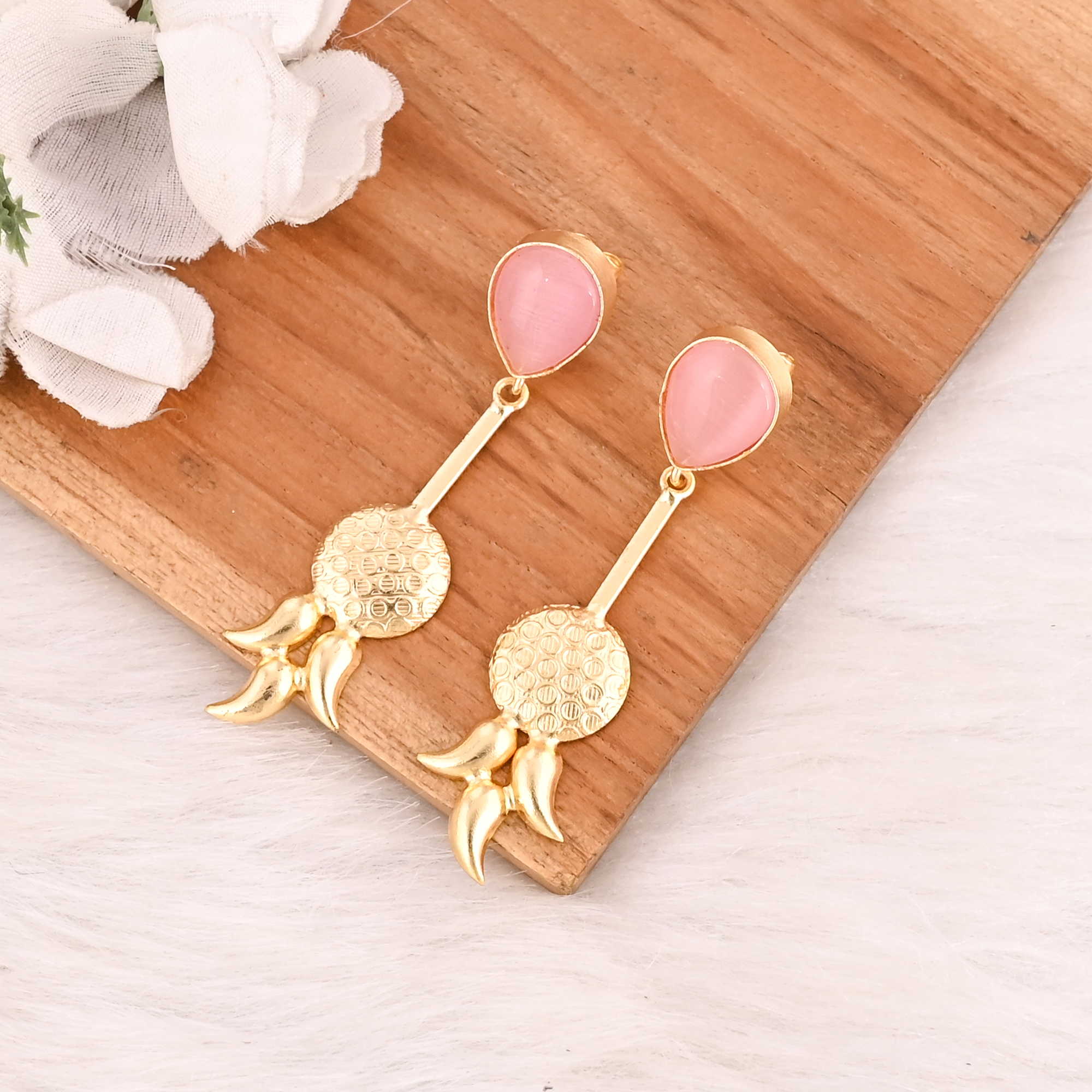 Elegant Pink Cats Eye Gemstone Earrings Gold Plated Brass Fashion Jewelry for Women