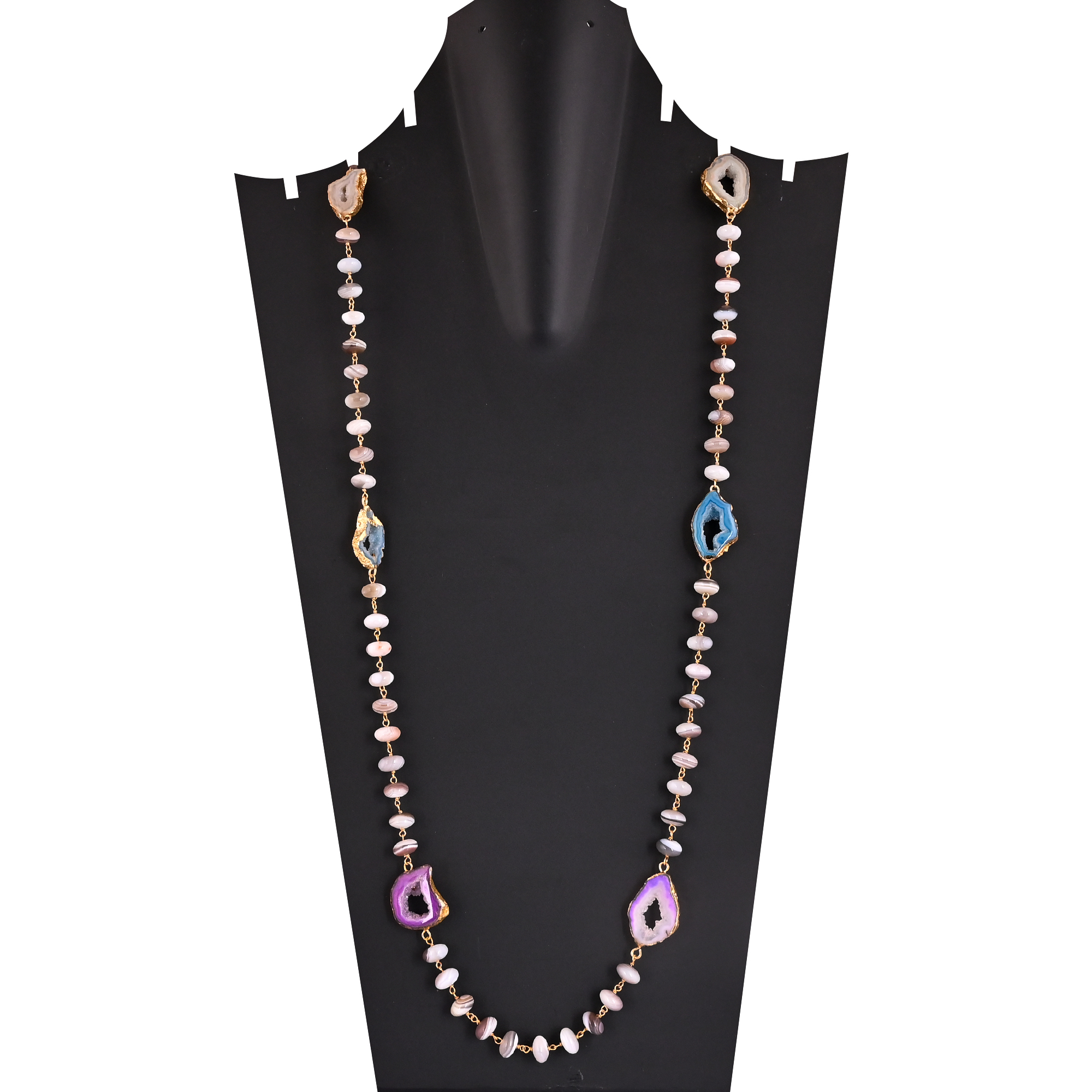 Botswana Agate Multi Window Druzy Beaded Chain Lariat Necklace