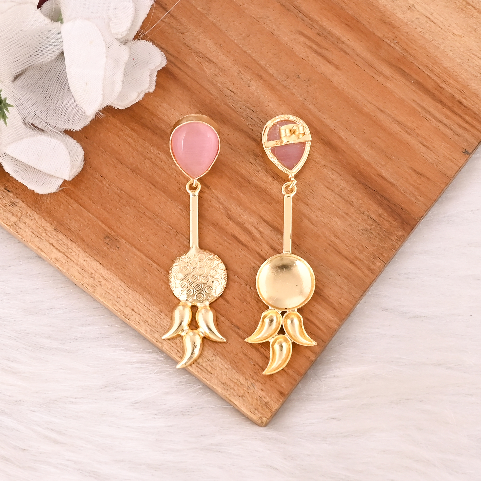 Elegant Pink Cats Eye Gemstone Earrings Gold Plated Brass Fashion Jewelry for Women