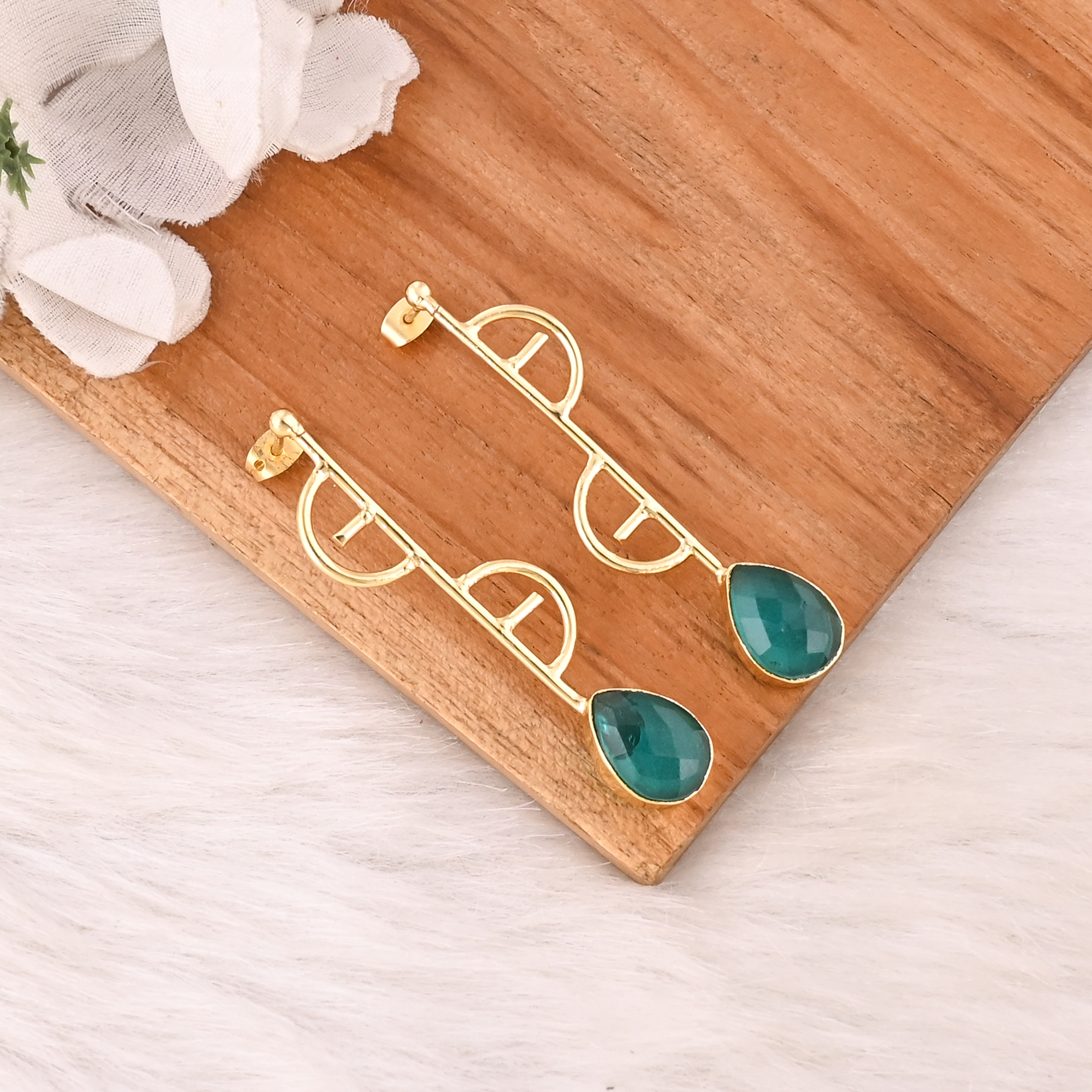 Designer Green Hydro Gemstone Brass Earrings Trendy Handmade Fashion Jewelry for Women