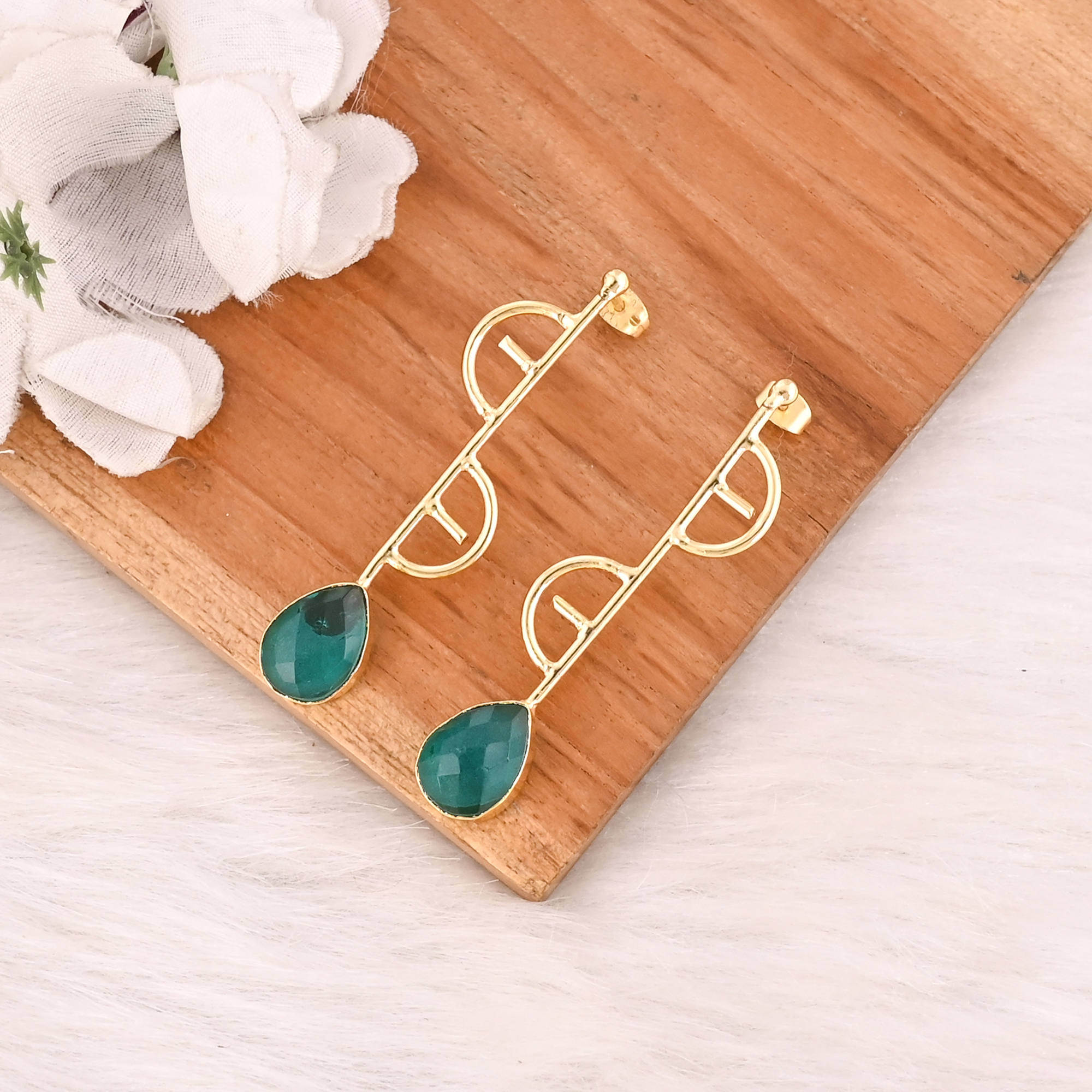 Designer Green Hydro Gemstone Brass Earrings Trendy Handmade Fashion Jewelry for Women