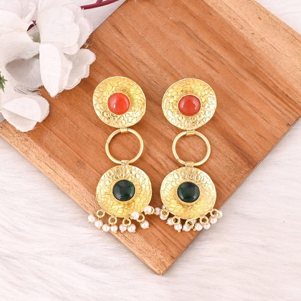 Image of Elegant Gold Plated Red Onyx &amp; Emerald Hydro &amp; Pearl Gemstone Earring Handmade Fashion Jewelry for Women Gift
