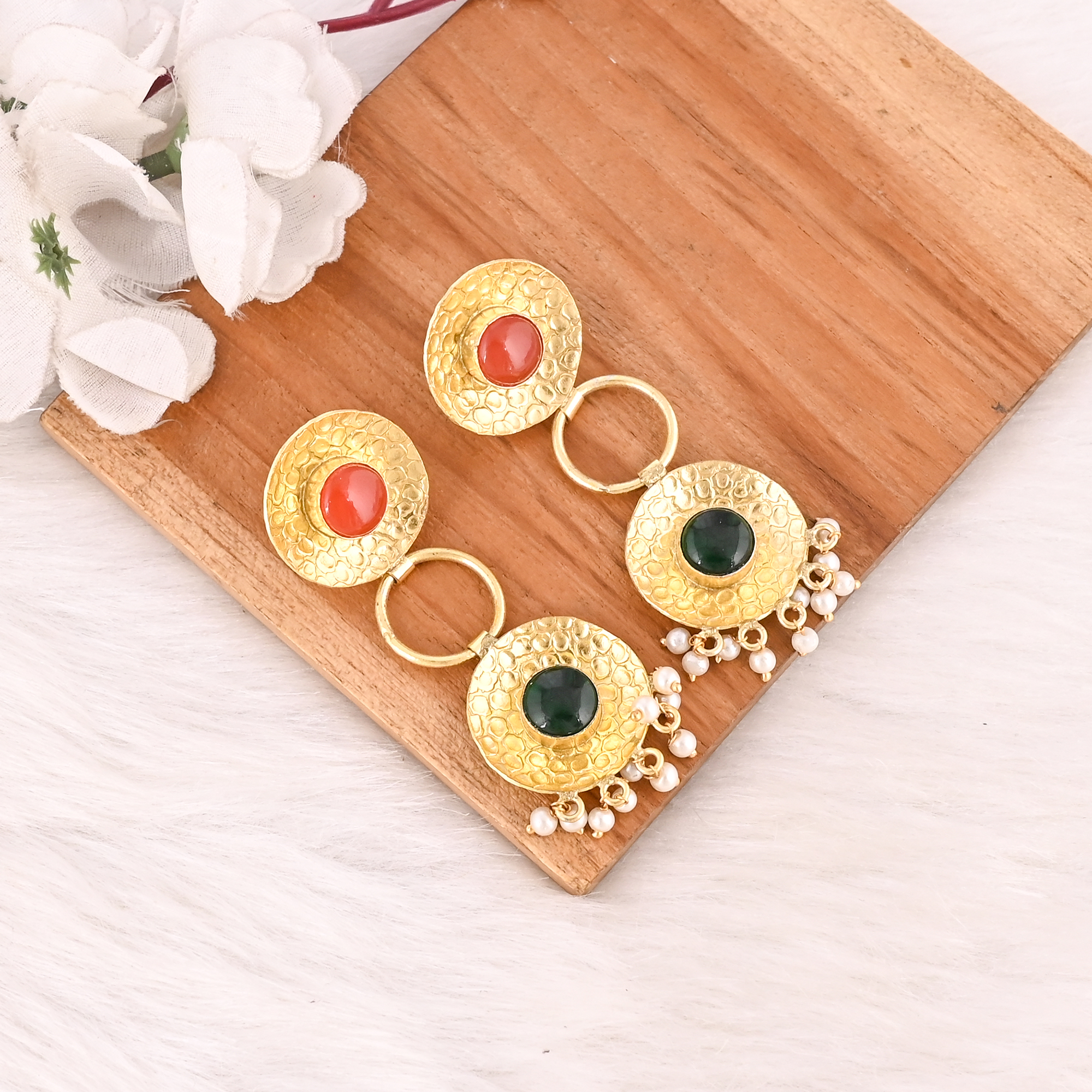 Elegant Gold Plated Red Onyx  Emerald Hydro  Pearl Gemstone Earring Handmade Fashion Jewelry for Women Gift