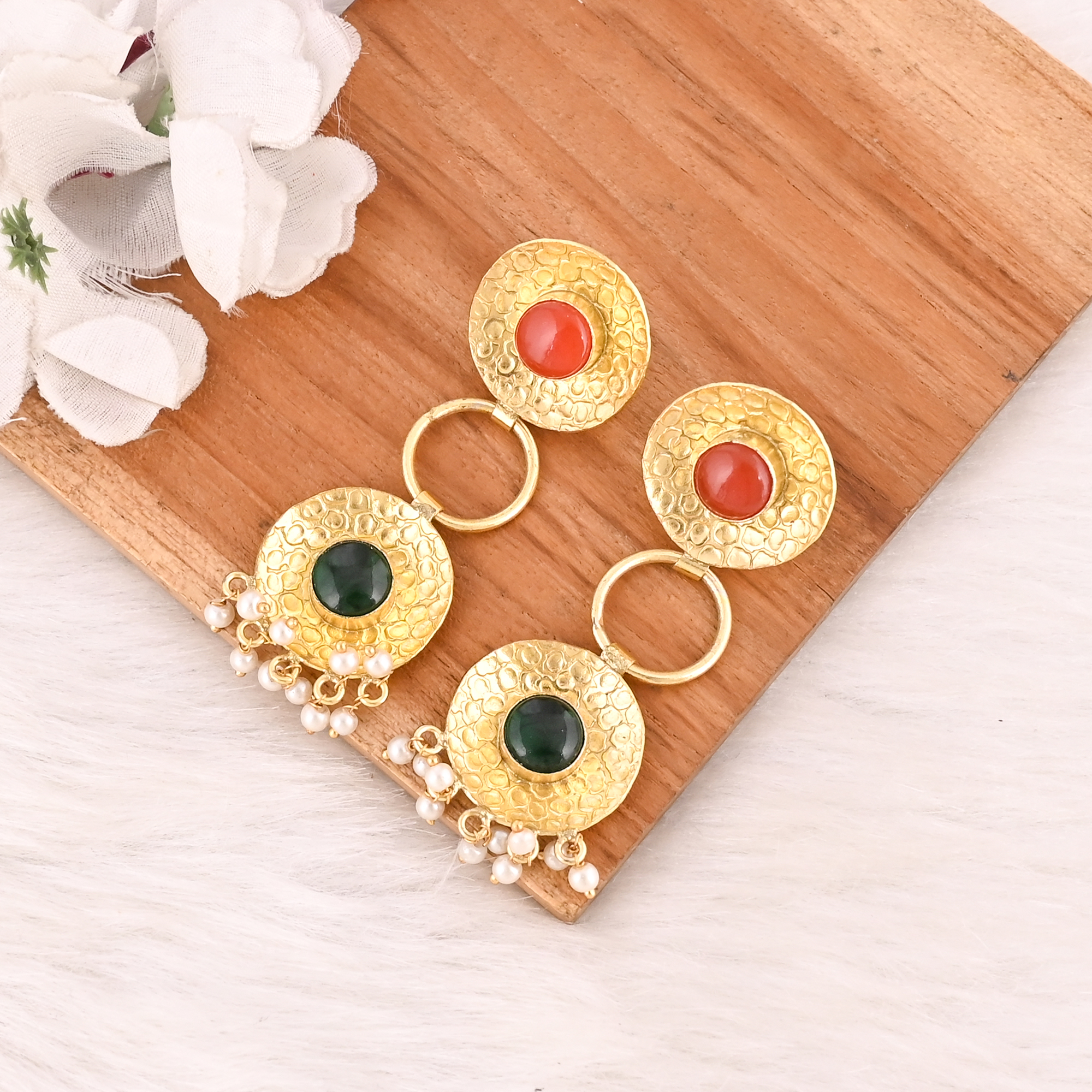 Elegant Gold Plated Red Onyx  Emerald Hydro  Pearl Gemstone Earring Handmade Fashion Jewelry for Women Gift