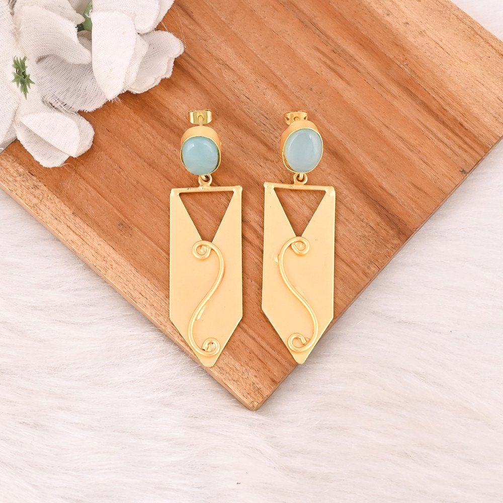 Image of Elegant Aqua Chalcedony Dangle Earrings for Women Handmade Gemstone Jewelry