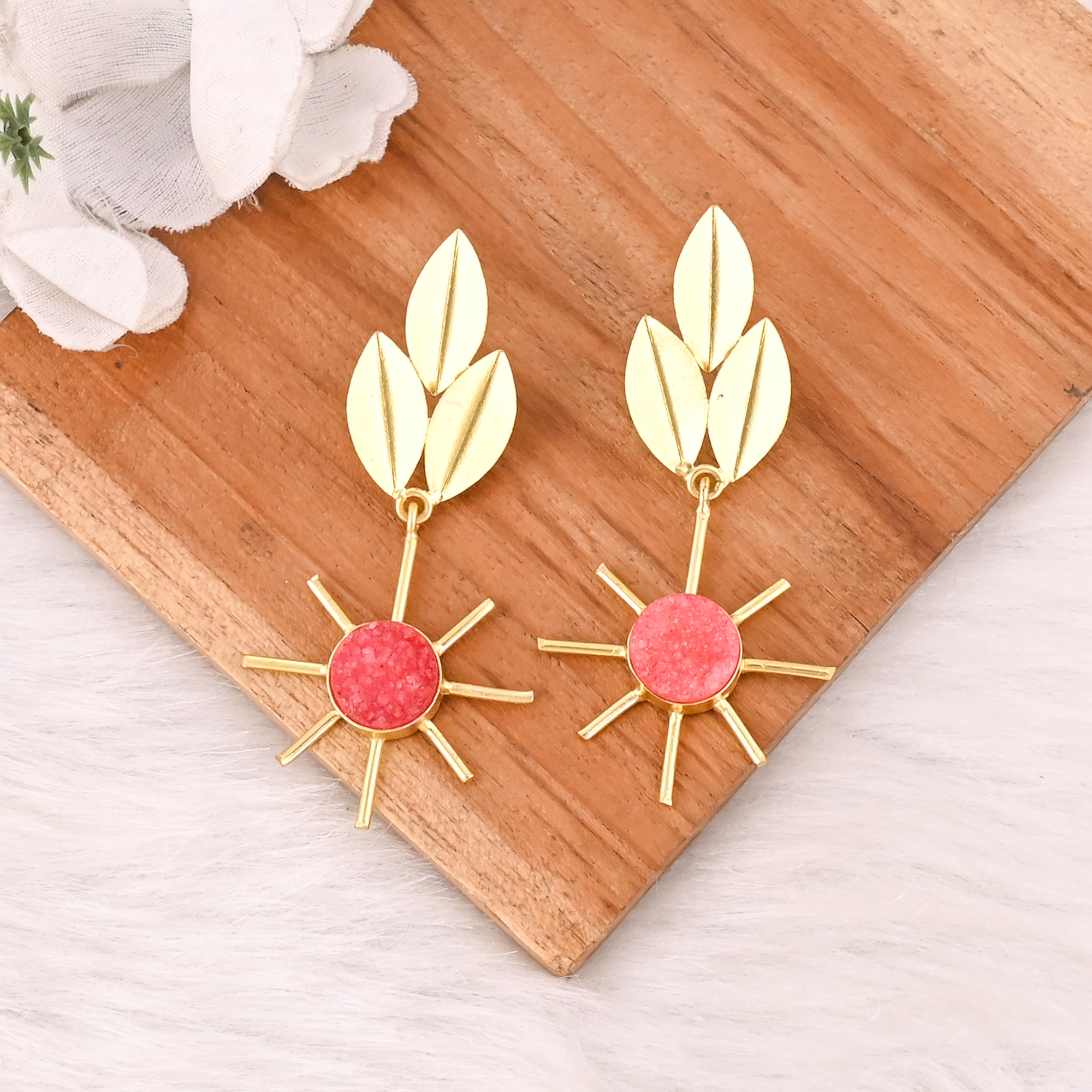 Natural Orange Druzy Gemstone Gold Plated Brass Dangle Earrings Designer Jewelry for Women