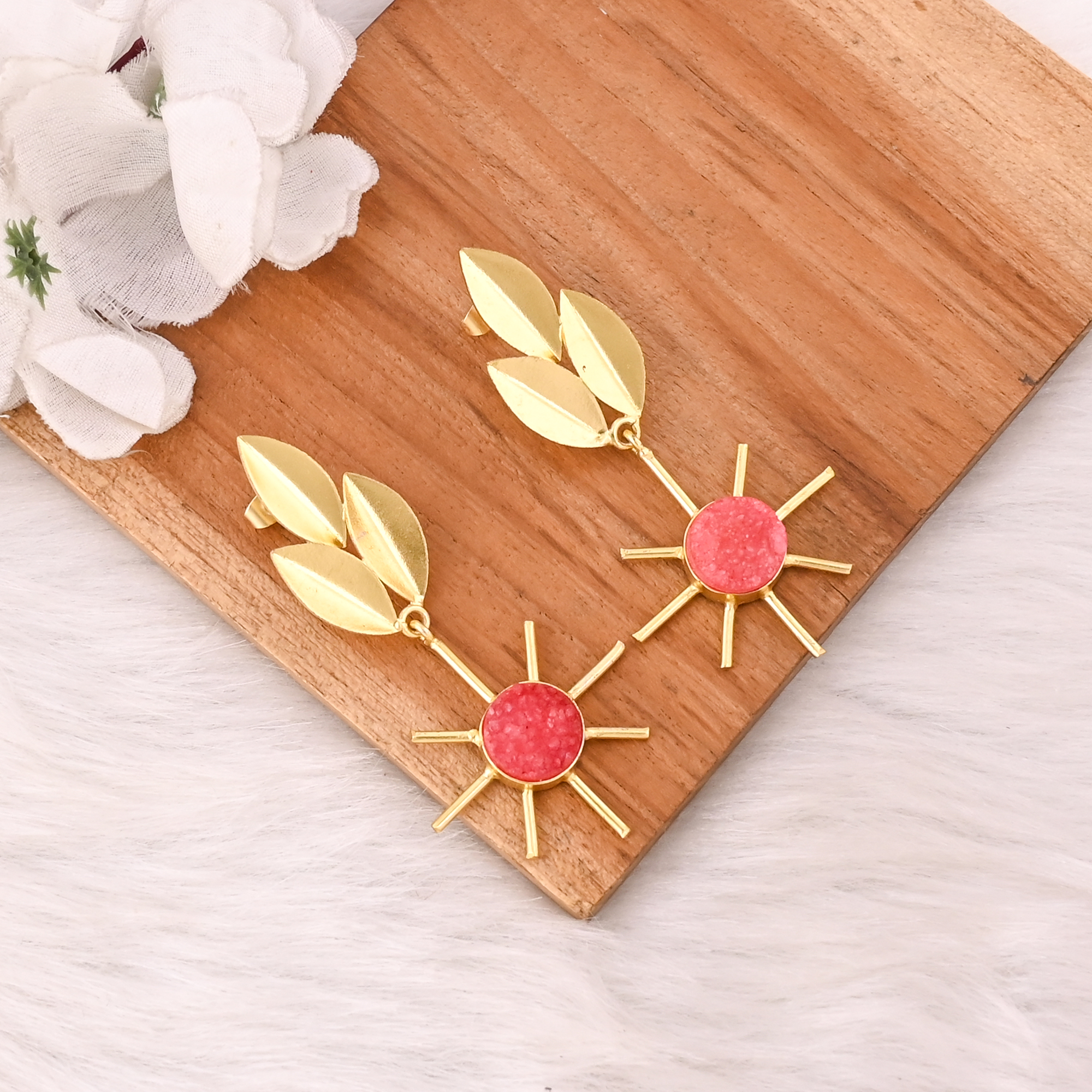 Natural Orange Druzy Gemstone Gold Plated Brass Dangle Earrings Designer Jewelry for Women