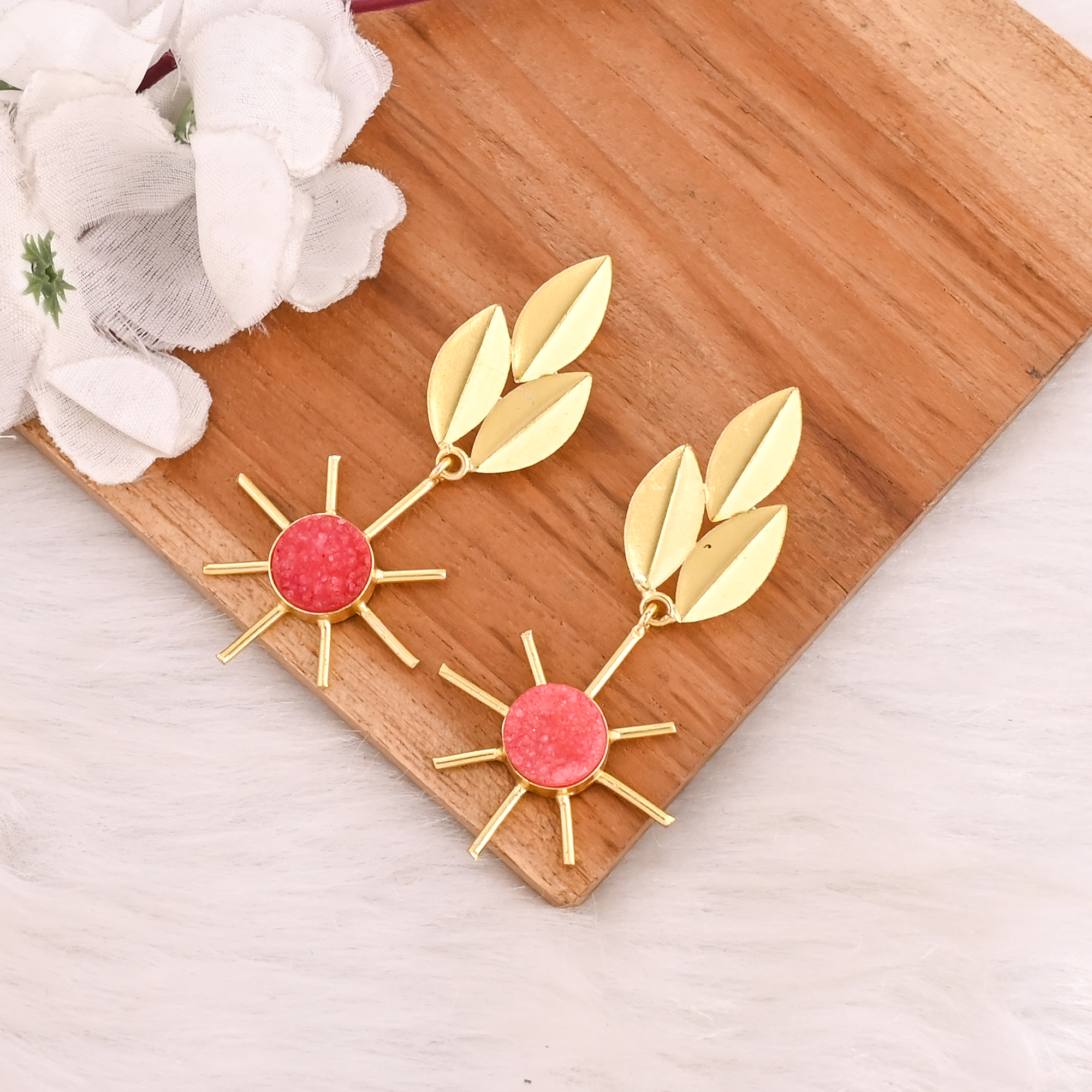 Natural Orange Druzy Gemstone Gold Plated Brass Dangle Earrings Designer Jewelry for Women