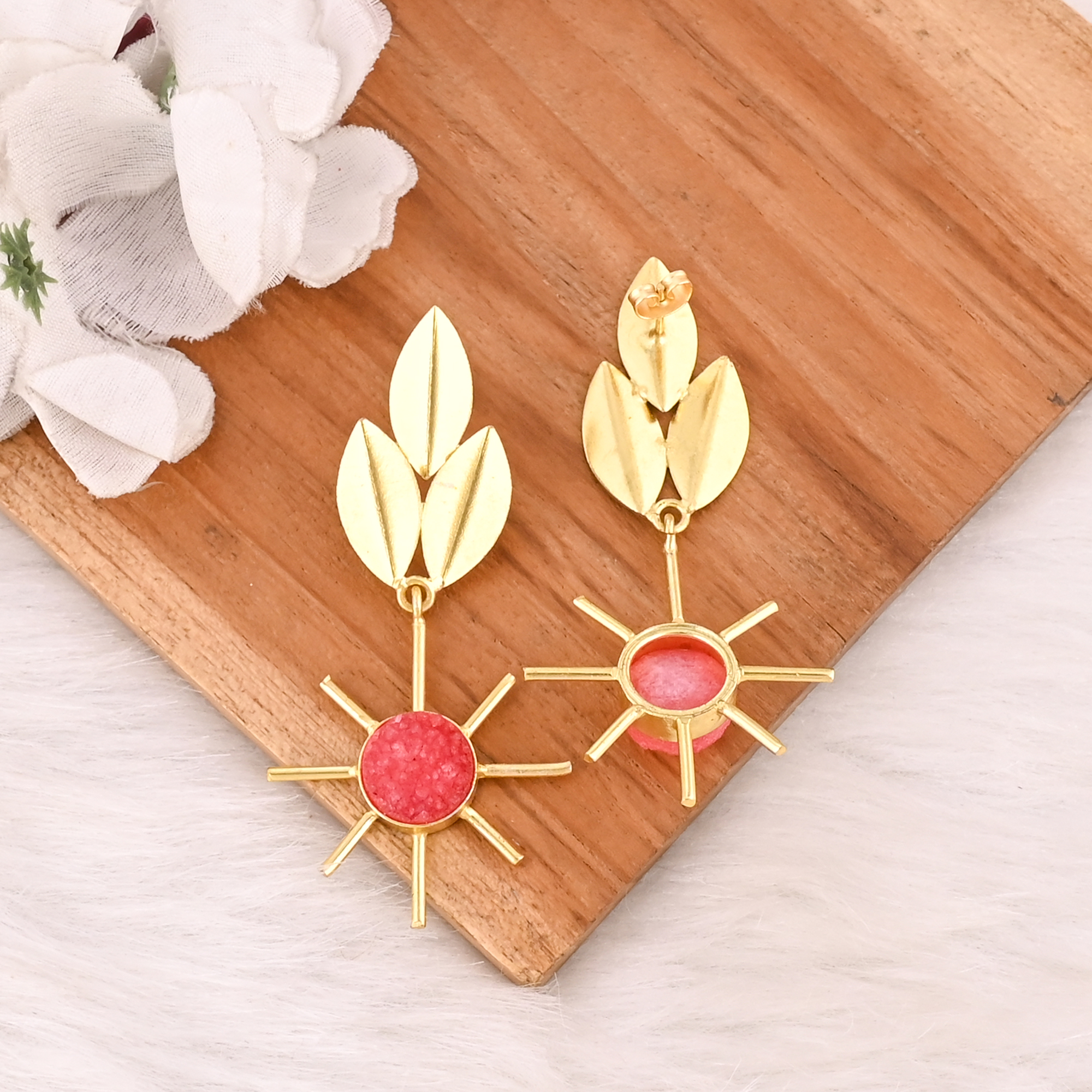 Natural Orange Druzy Gemstone Gold Plated Brass Dangle Earrings Designer Jewelry for Women
