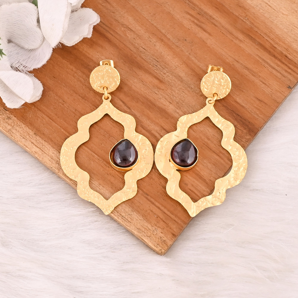 Image of Stylish Garnet Hydro Stone Gold Plated Bezel Set Drop Earrings Handmade Brass Jewelry  for Women