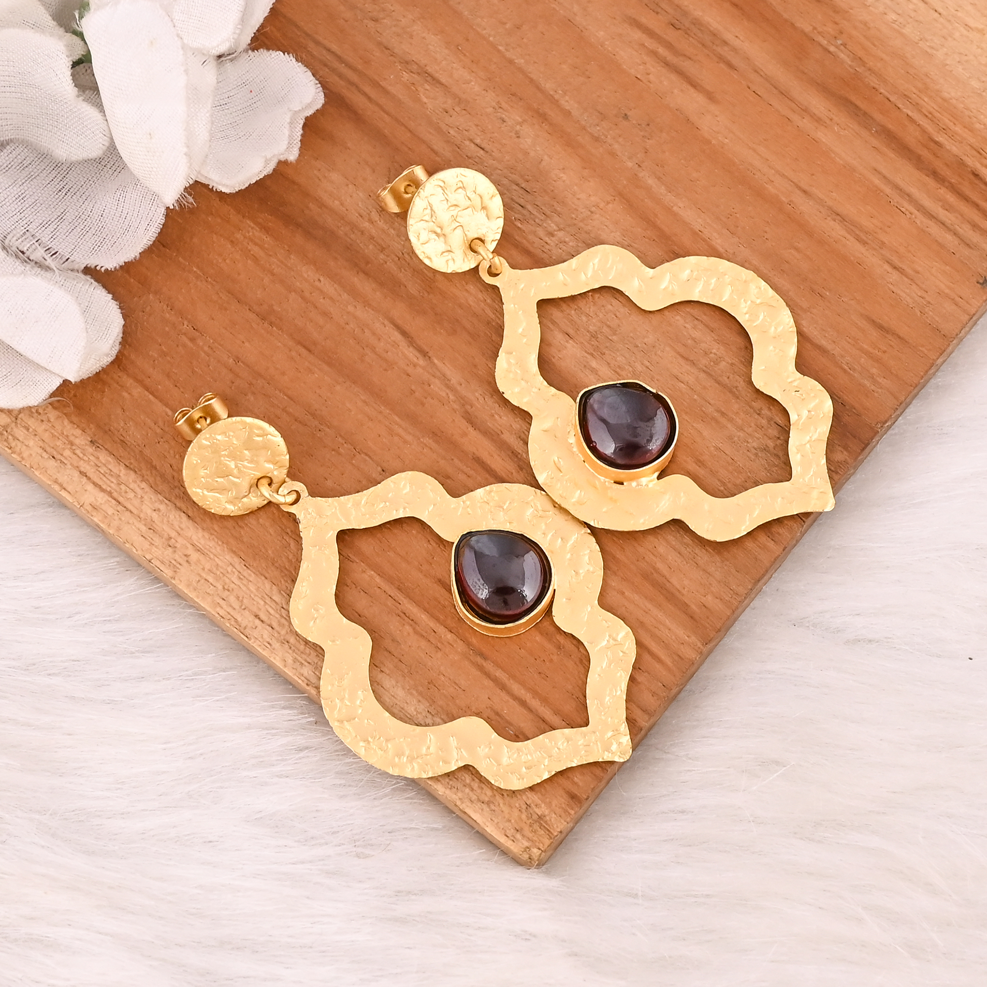 Stylish Garnet Hydro Stone Gold Plated Bezel Set Drop Earrings Handmade Brass Jewelry  for Women