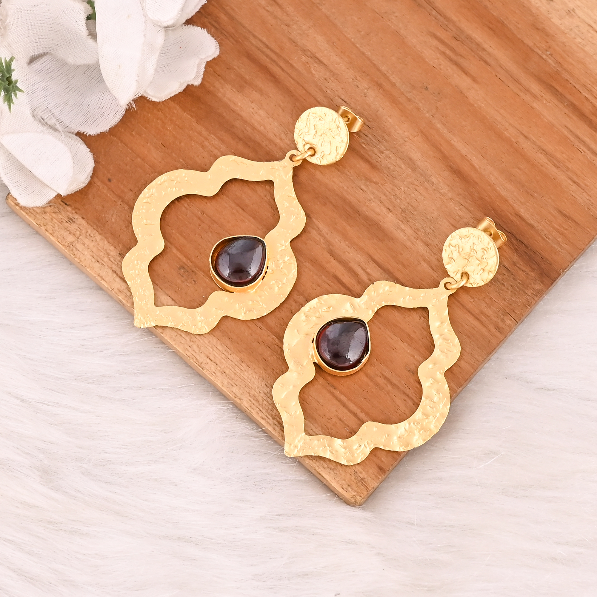 Stylish Garnet Hydro Stone Gold Plated Bezel Set Drop Earrings Handmade Brass Jewelry  for Women