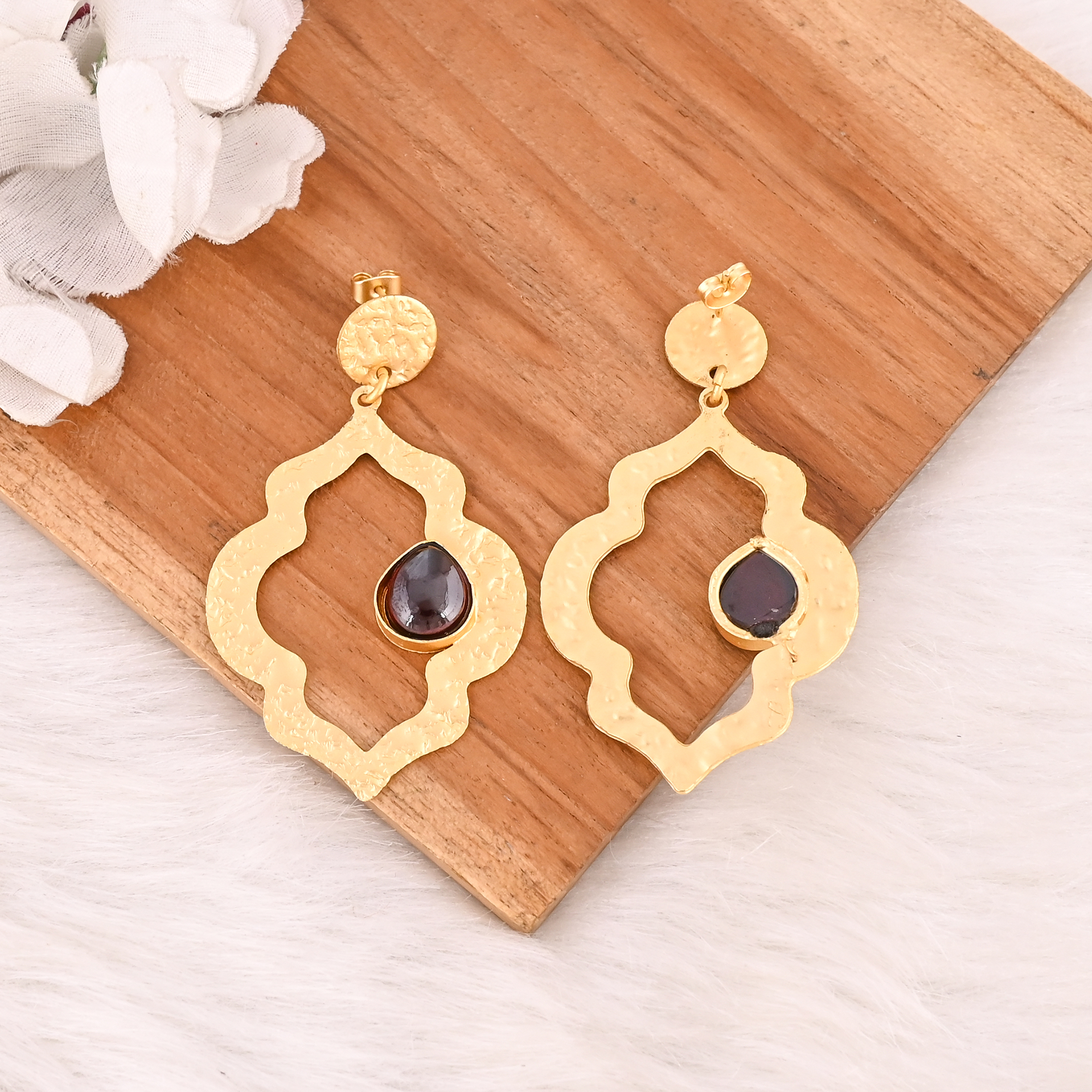 Stylish Garnet Hydro Stone Gold Plated Bezel Set Drop Earrings Handmade Brass Jewelry  for Women