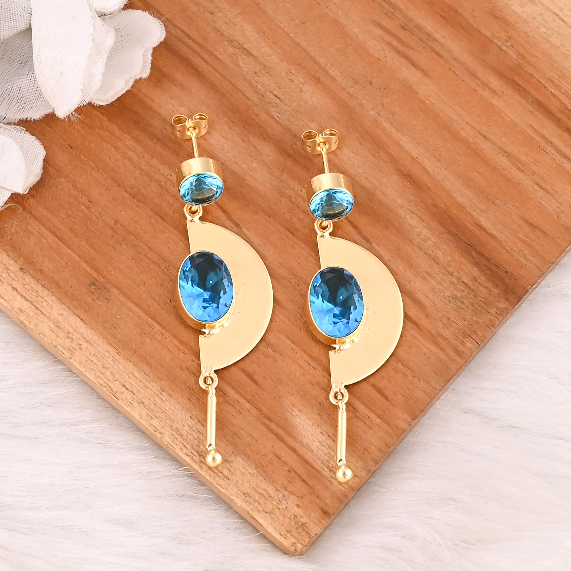 Designer Blue Topaz Hydro Gemstone Gold Plated Brass Drop Earrings Handmade Fashionable Jewelry