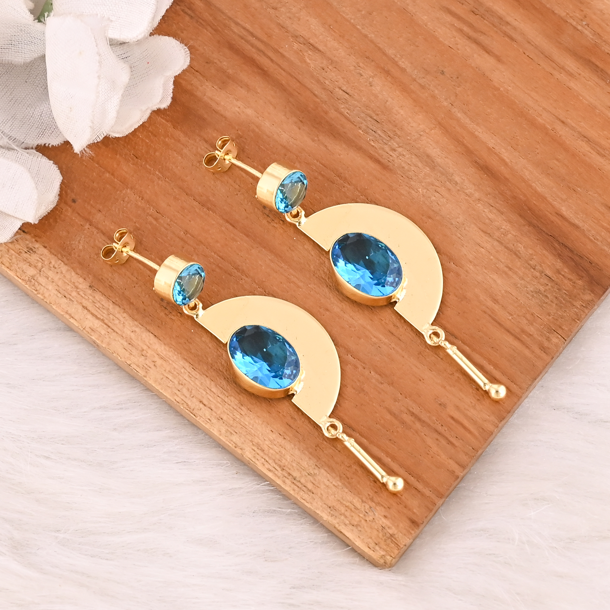Designer Blue Topaz Hydro Gemstone Gold Plated Brass Drop Earrings Handmade Fashionable Jewelry