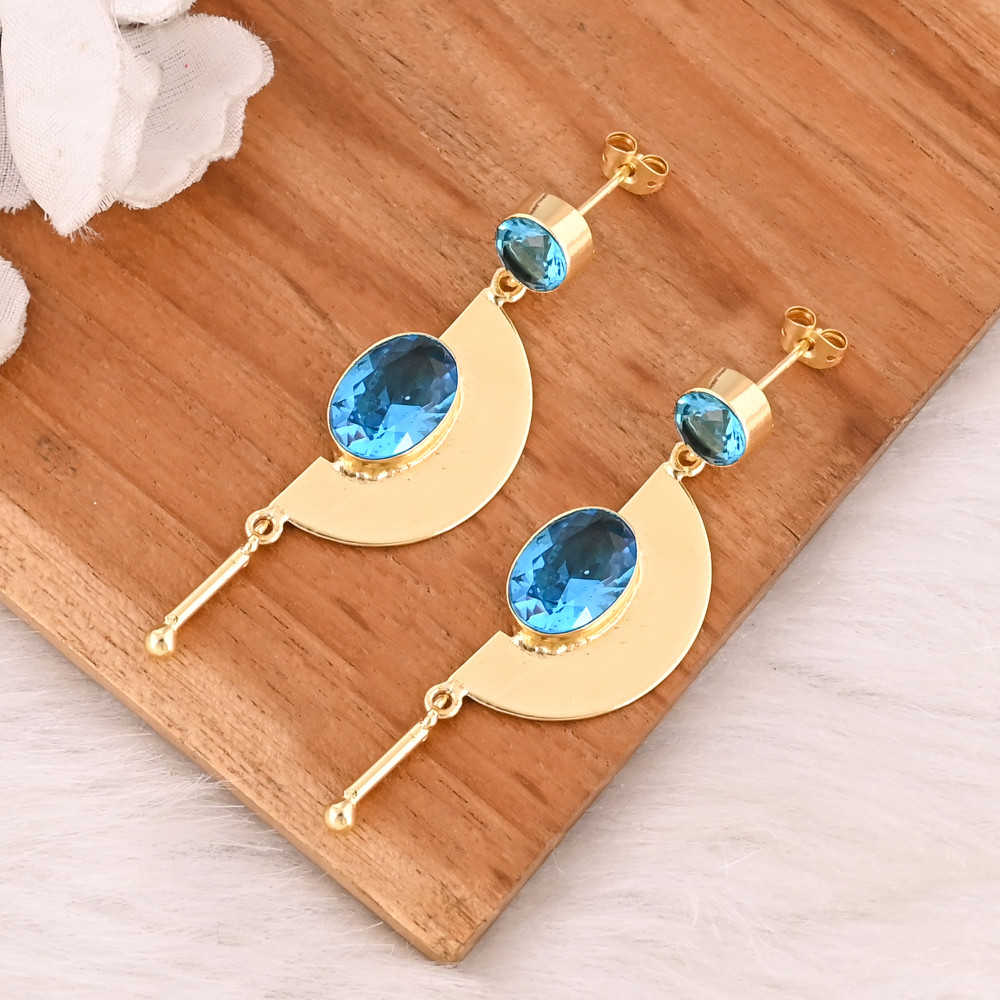 Image of Designer Blue Topaz Hydro Gemstone Gold Plated Brass Drop Earrings Handmade Fashionable Jewelry