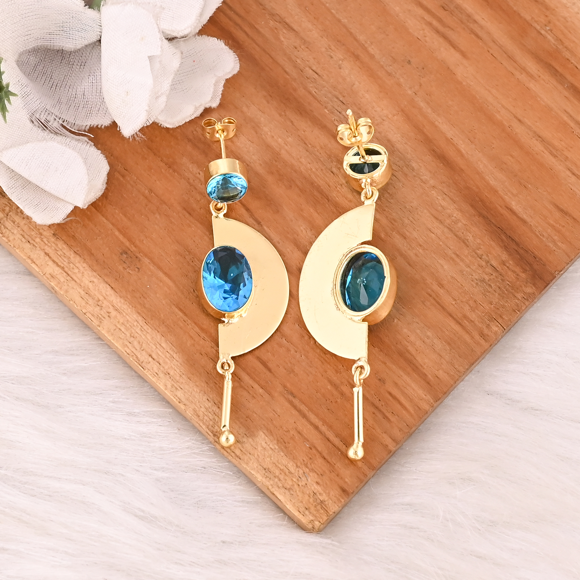 Designer Blue Topaz Hydro Gemstone Gold Plated Brass Drop Earrings Handmade Fashionable Jewelry