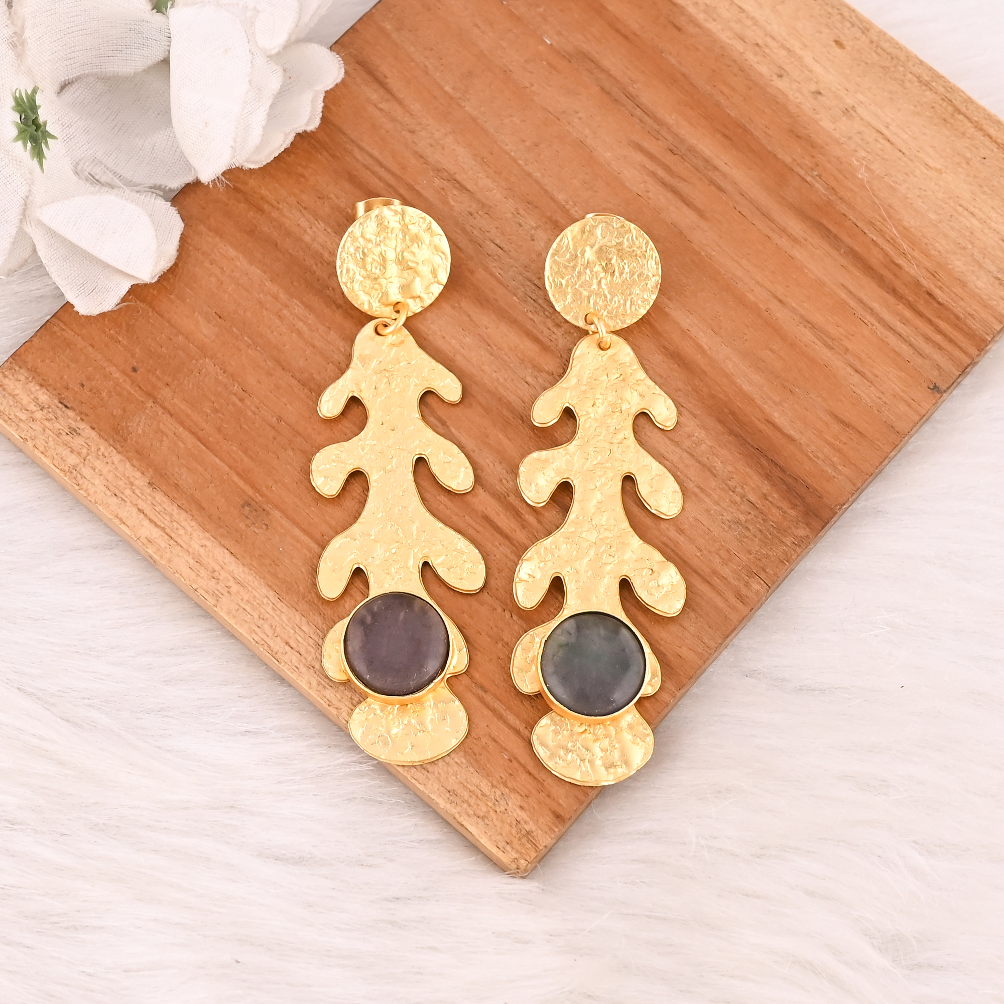 Fluorite Gemstone Stone Gold Plated Drop Earrings Handmade Brass Jewelry for Women