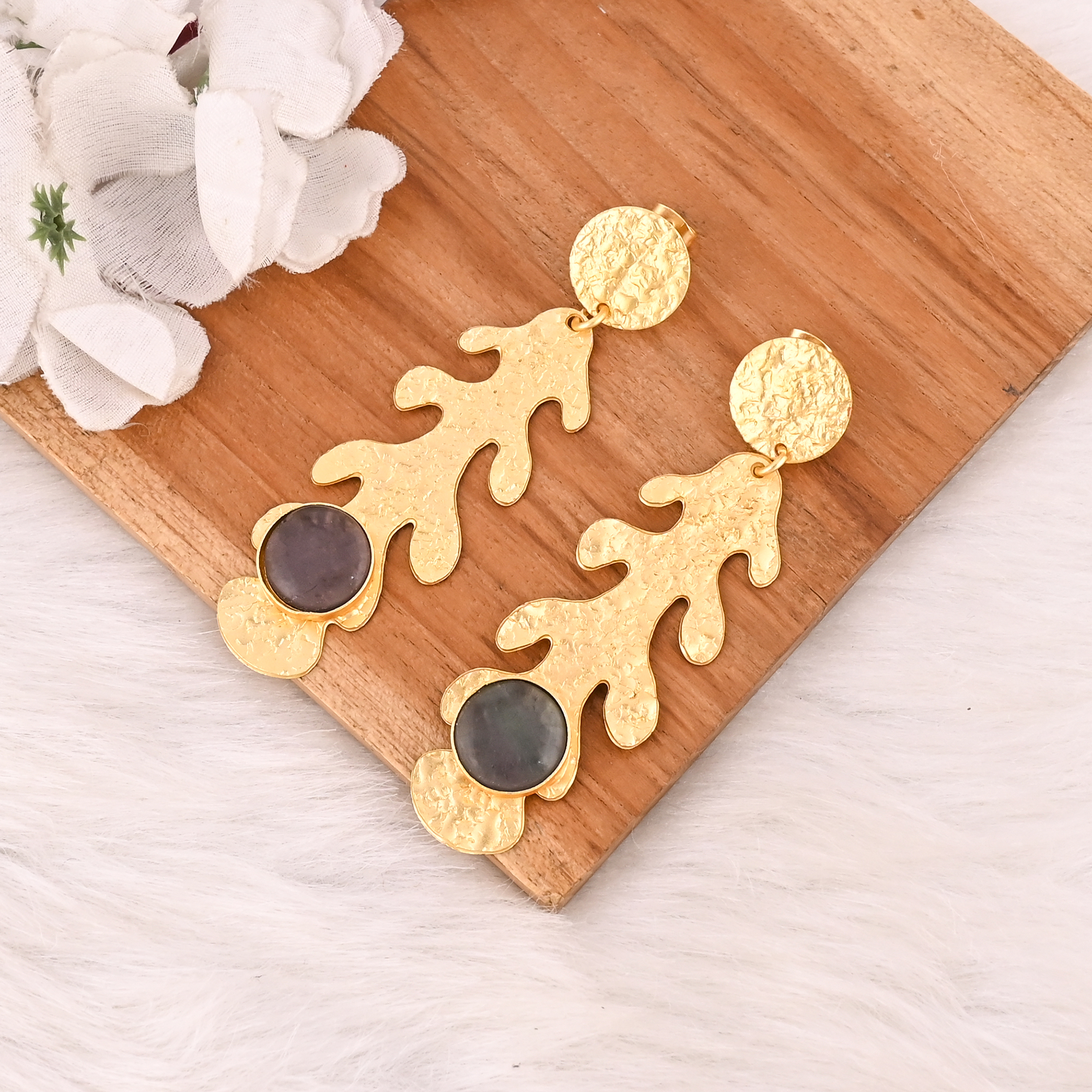 Fluorite Gemstone Stone Gold Plated Drop Earrings Handmade Brass Jewelry for Women
