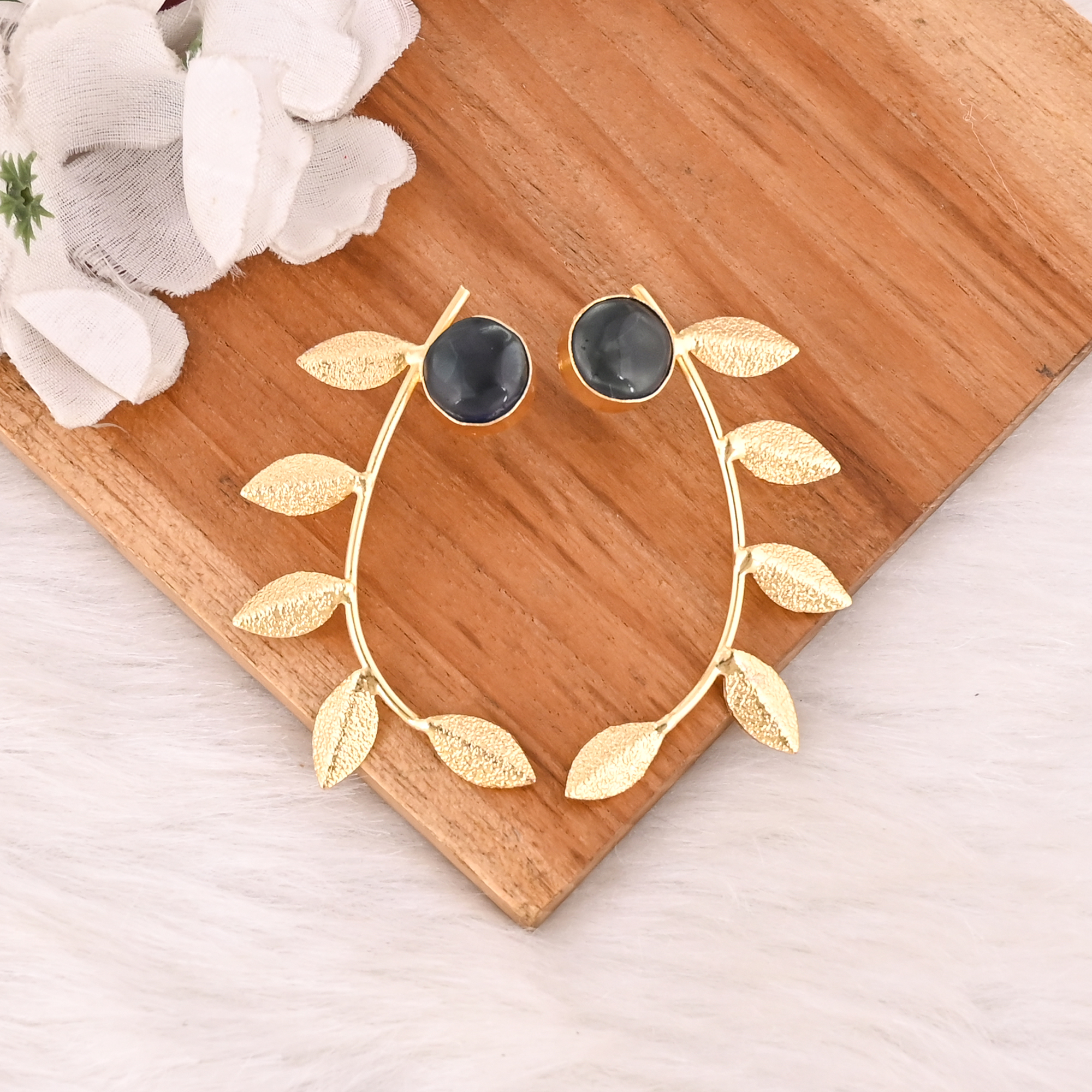Elegant Gold Plated Ink Blue Hydro Gemstone Brass Earring Handmade Fashion Jewelry for Women Gift