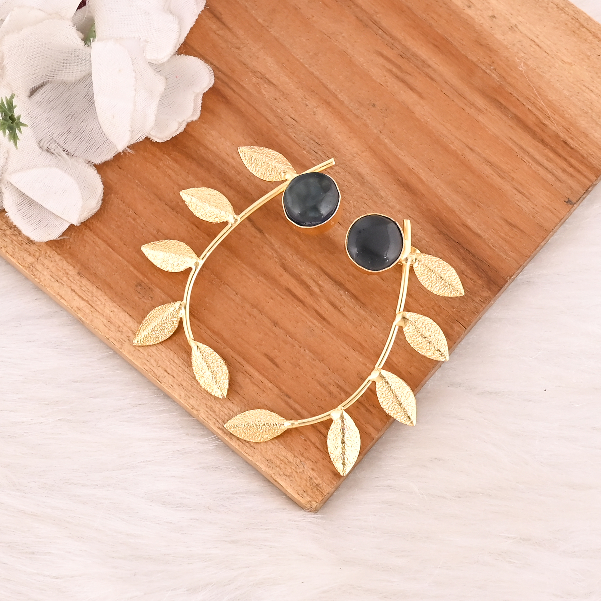 Elegant Gold Plated Ink Blue Hydro Gemstone Brass Earring Handmade Fashion Jewelry for Women Gift