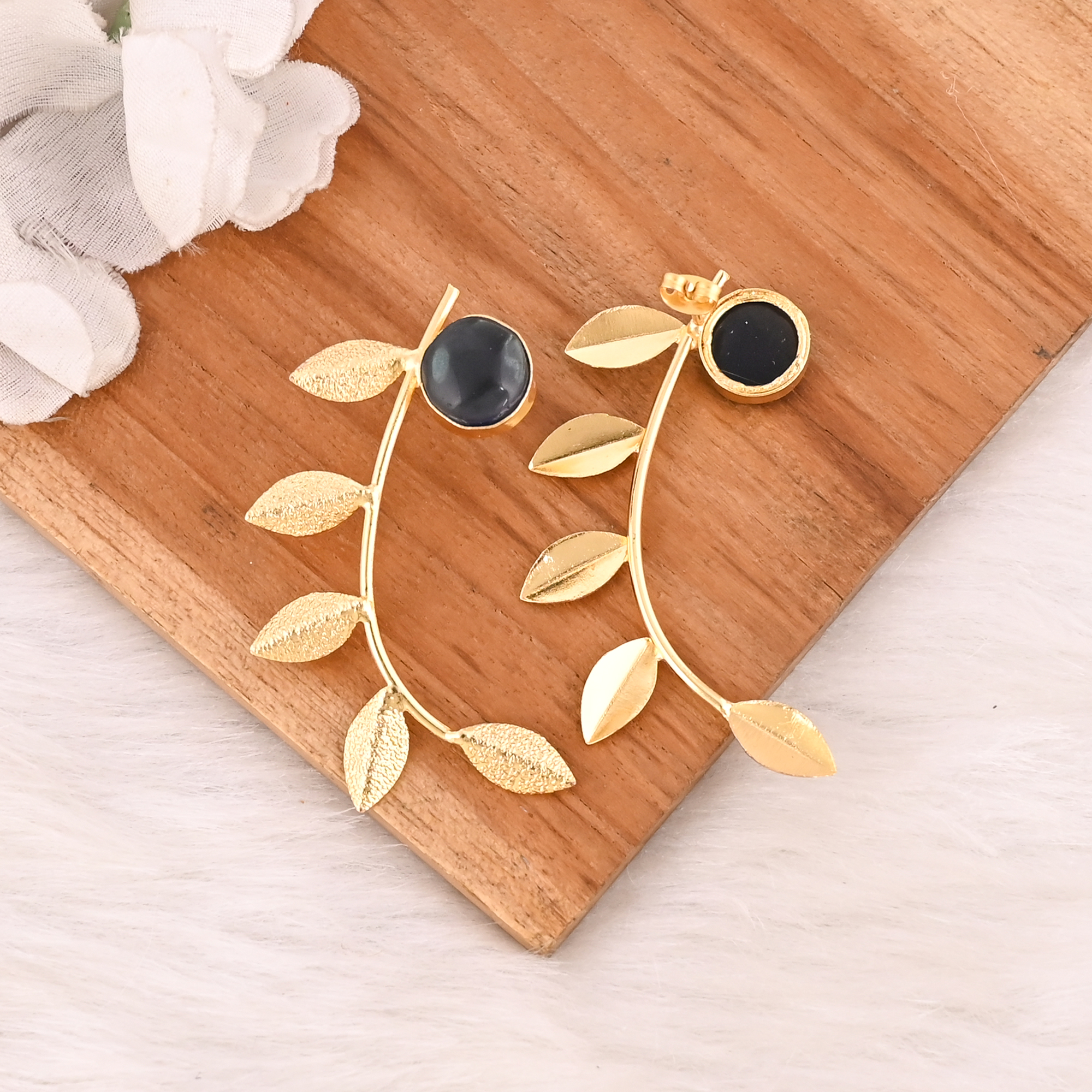 Elegant Gold Plated Ink Blue Hydro Gemstone Brass Earring Handmade Fashion Jewelry for Women Gift