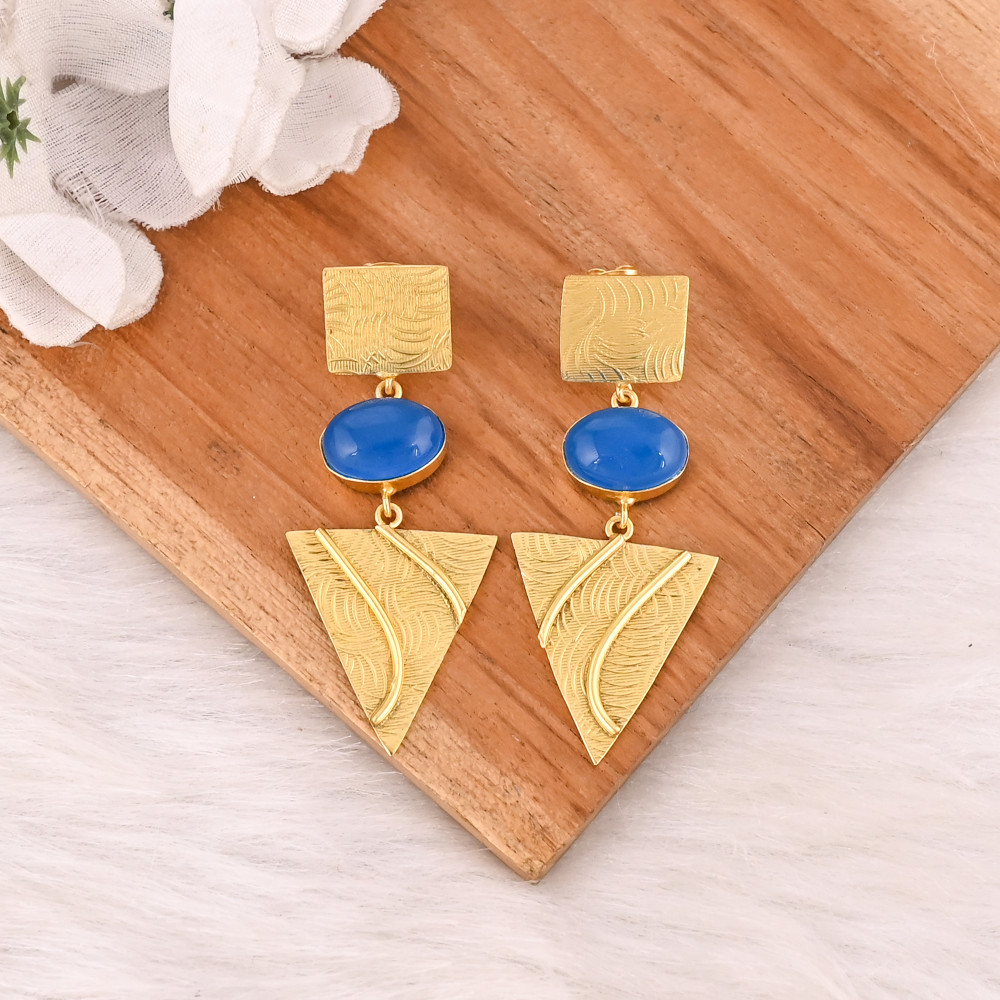Image of Natural Blue Chalcedony Gemstone Gold Plated Brass Drop Earrings Handmade Statement Jewelry for Women