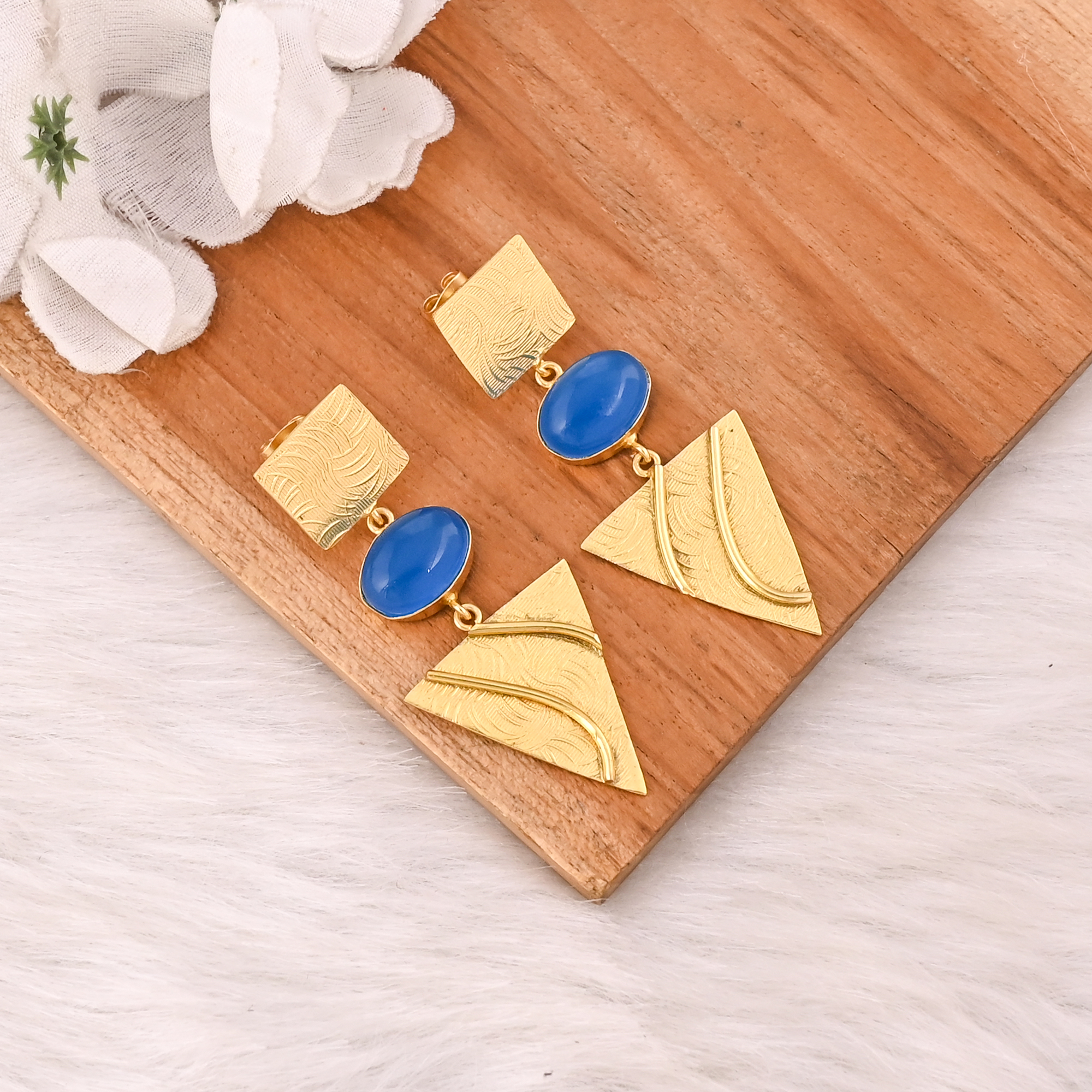 Natural Blue Chalcedony Gemstone Gold Plated Brass Drop Earrings Handmade Statement Jewelry for Women