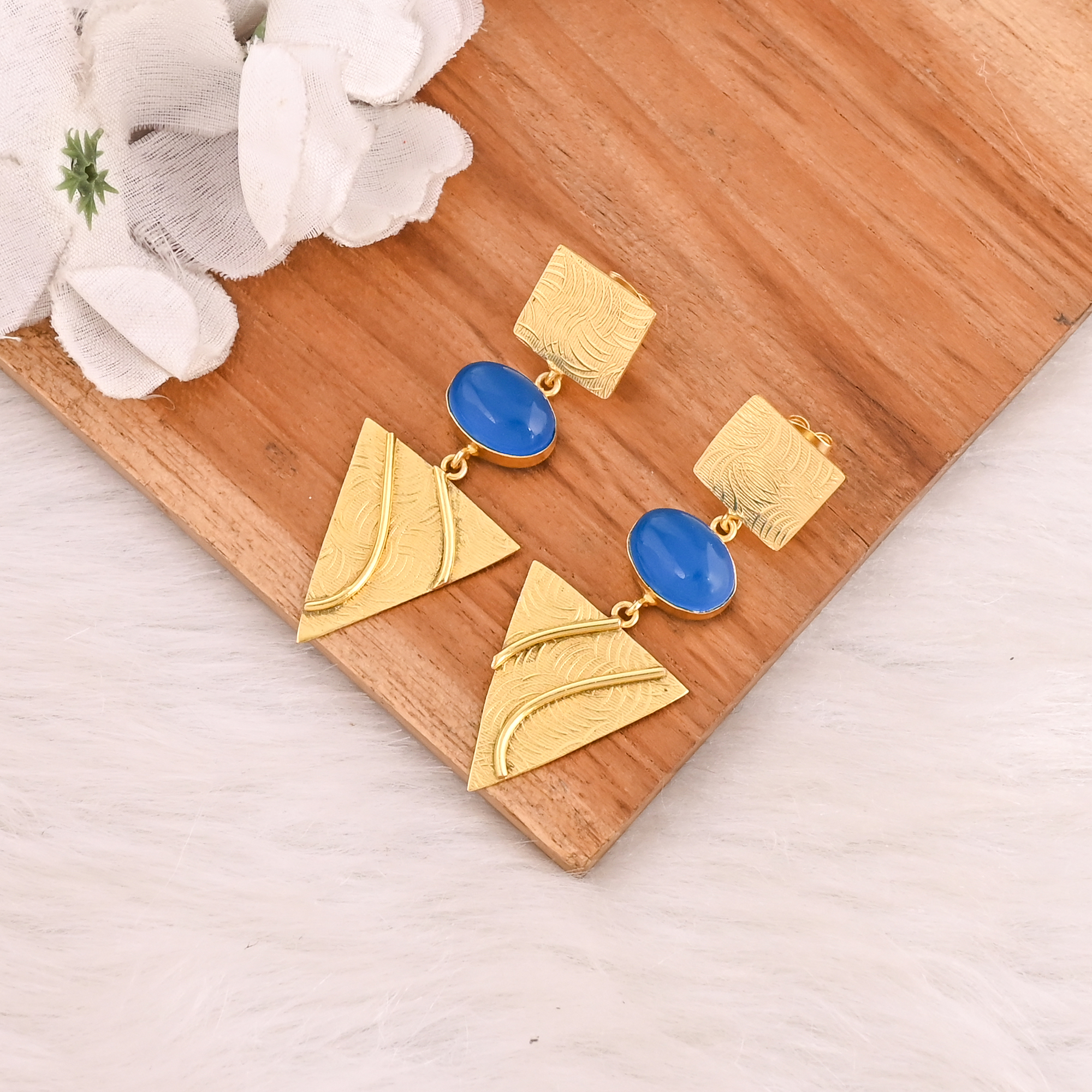 Natural Blue Chalcedony Gemstone Gold Plated Brass Drop Earrings Handmade Statement Jewelry for Women