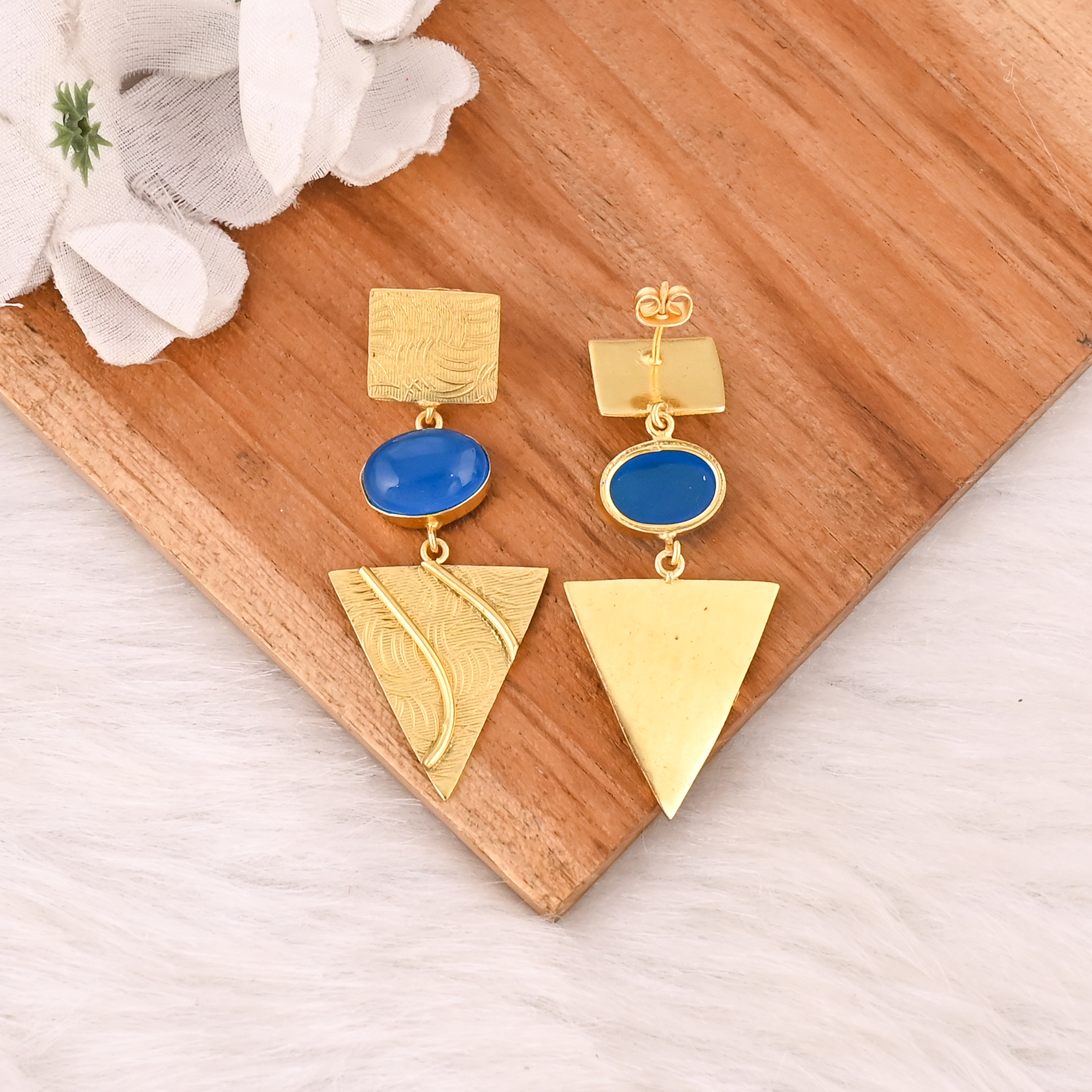 Natural Blue Chalcedony Gemstone Gold Plated Brass Drop Earrings Handmade Statement Jewelry for Women
