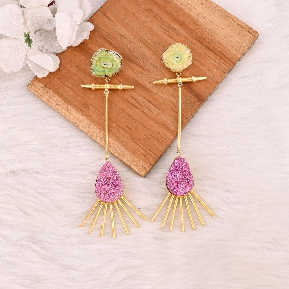 Image of Stylish Solar Druzy &amp; Pink Druzy Stone Drop Earrings Gold Plated Handmade Brass Jewelry for Women