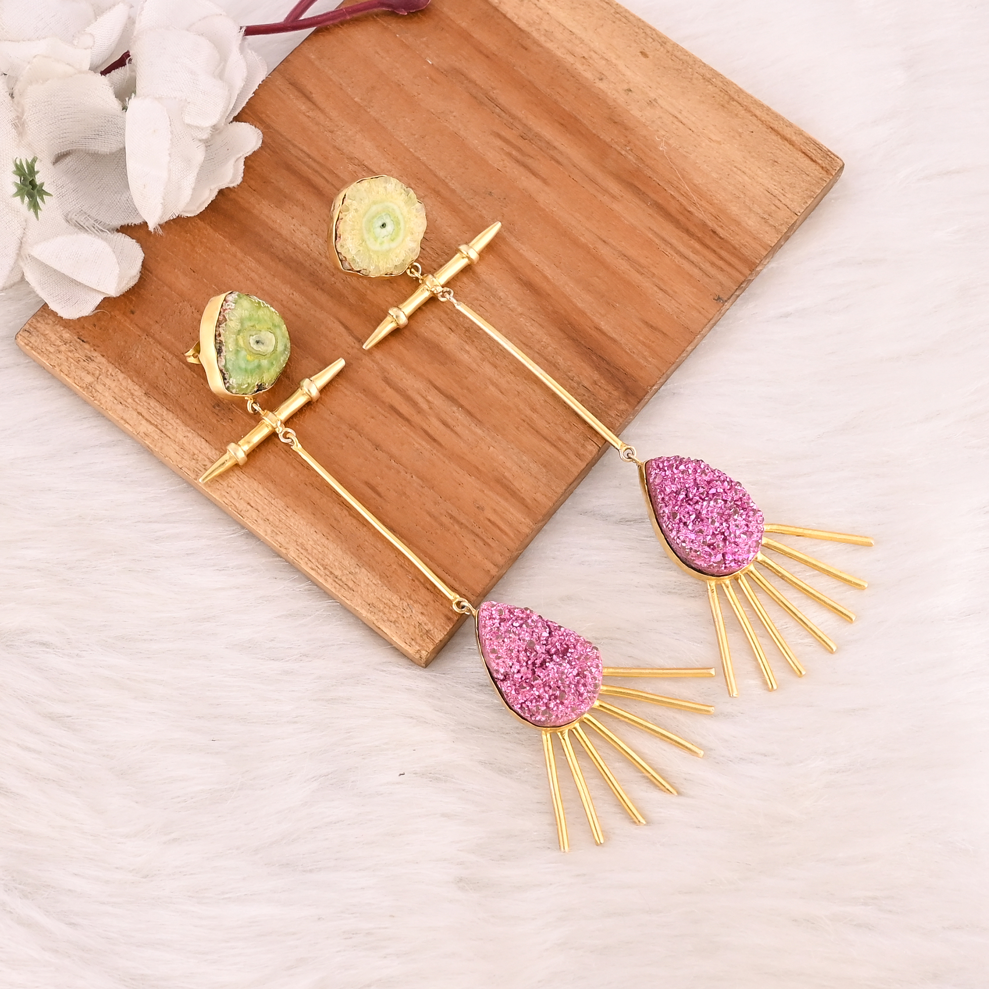 Stylish Solar Druzy  Pink Druzy Stone Drop Earrings Gold Plated Handmade Brass Jewelry for Women