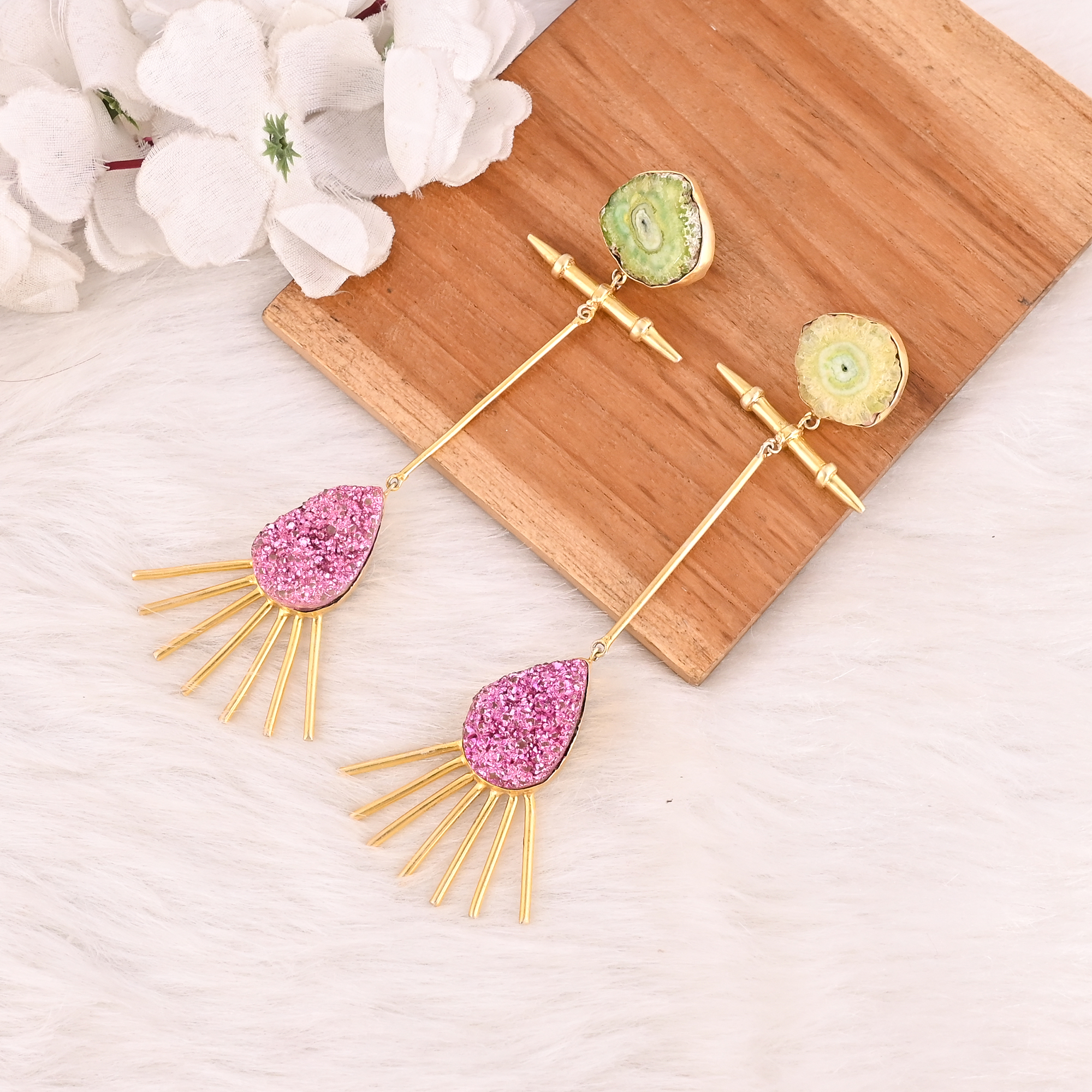 Stylish Solar Druzy  Pink Druzy Stone Drop Earrings Gold Plated Handmade Brass Jewelry for Women