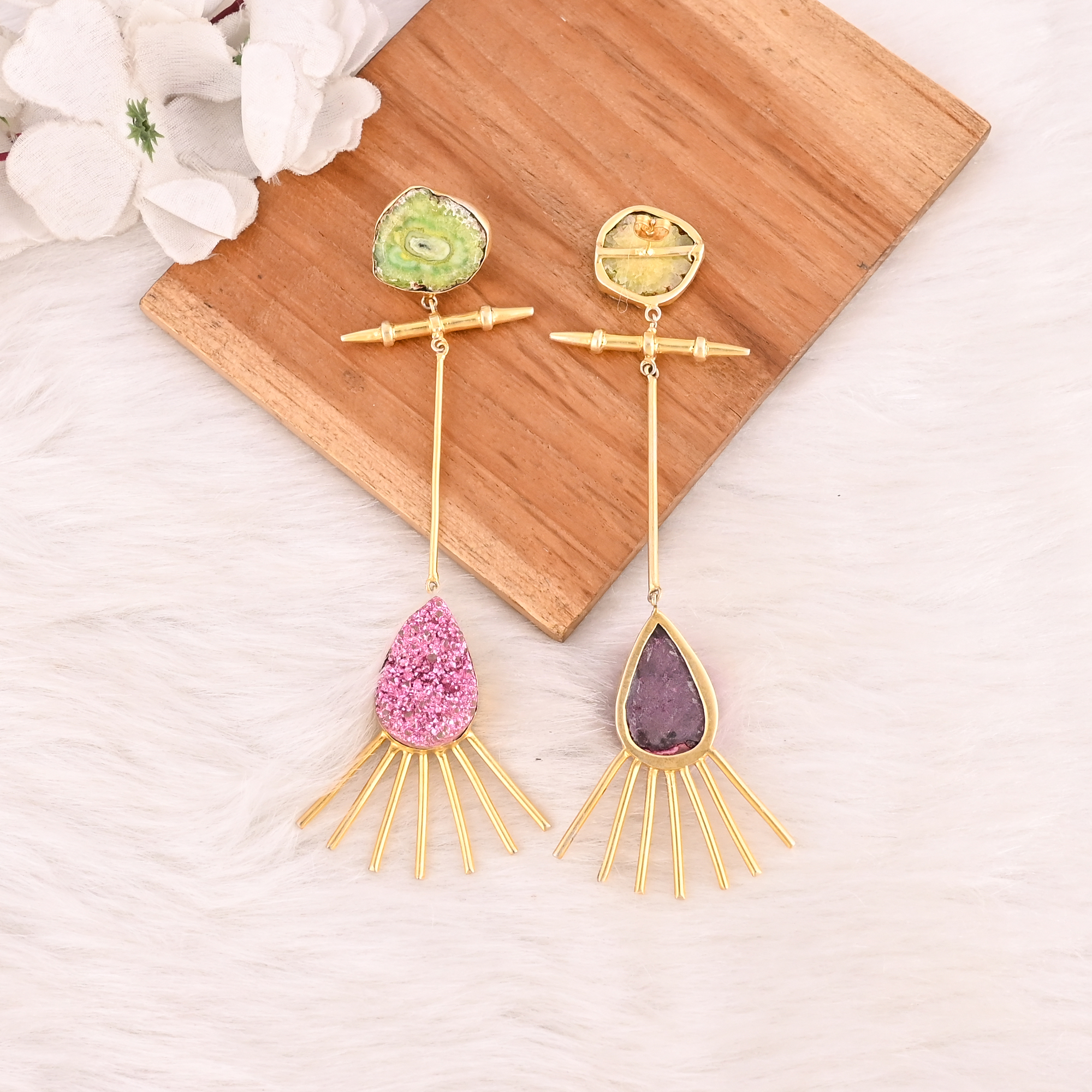Stylish Solar Druzy  Pink Druzy Stone Drop Earrings Gold Plated Handmade Brass Jewelry for Women