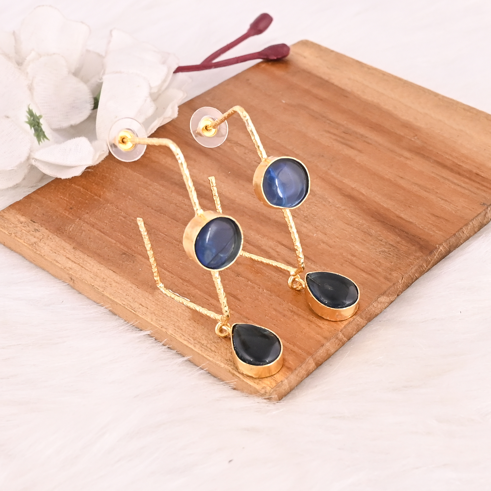 Elegant Gold Plated Blue Hydro Gemstone Brass Bezel Set Earring Handmade Fashion Jewelry for Women Gift