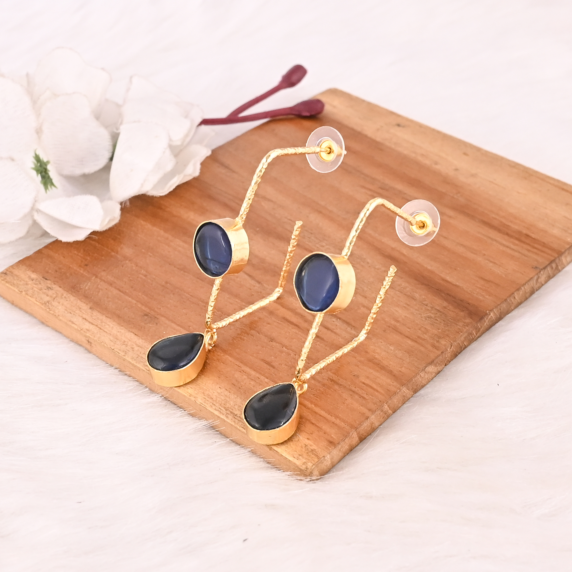 Elegant Gold Plated Blue Hydro Gemstone Brass Bezel Set Earring Handmade Fashion Jewelry for Women Gift