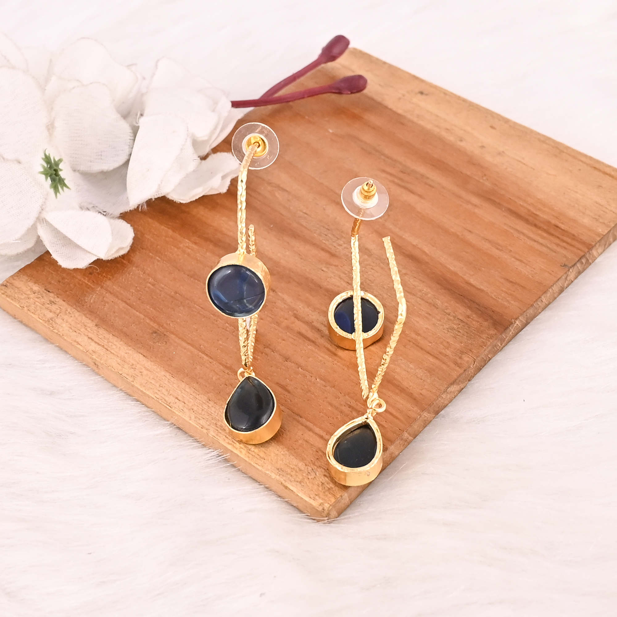 Elegant Gold Plated Blue Hydro Gemstone Brass Bezel Set Earring Handmade Fashion Jewelry for Women Gift