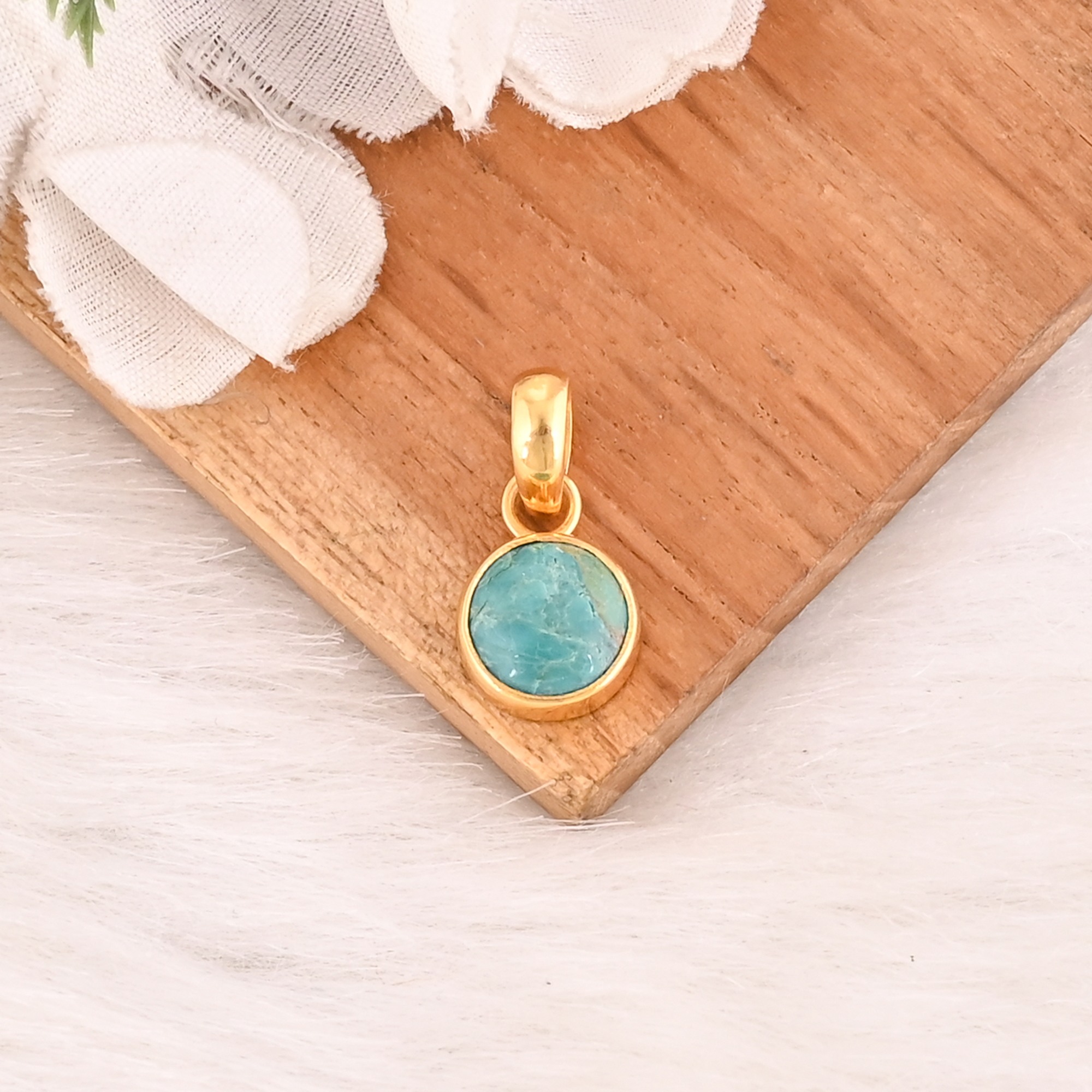 Natural Larimar Gemstone Gold Plated 925 Sterling Silver Round Shape Pendant Handmade Trendy Fine Jewelry